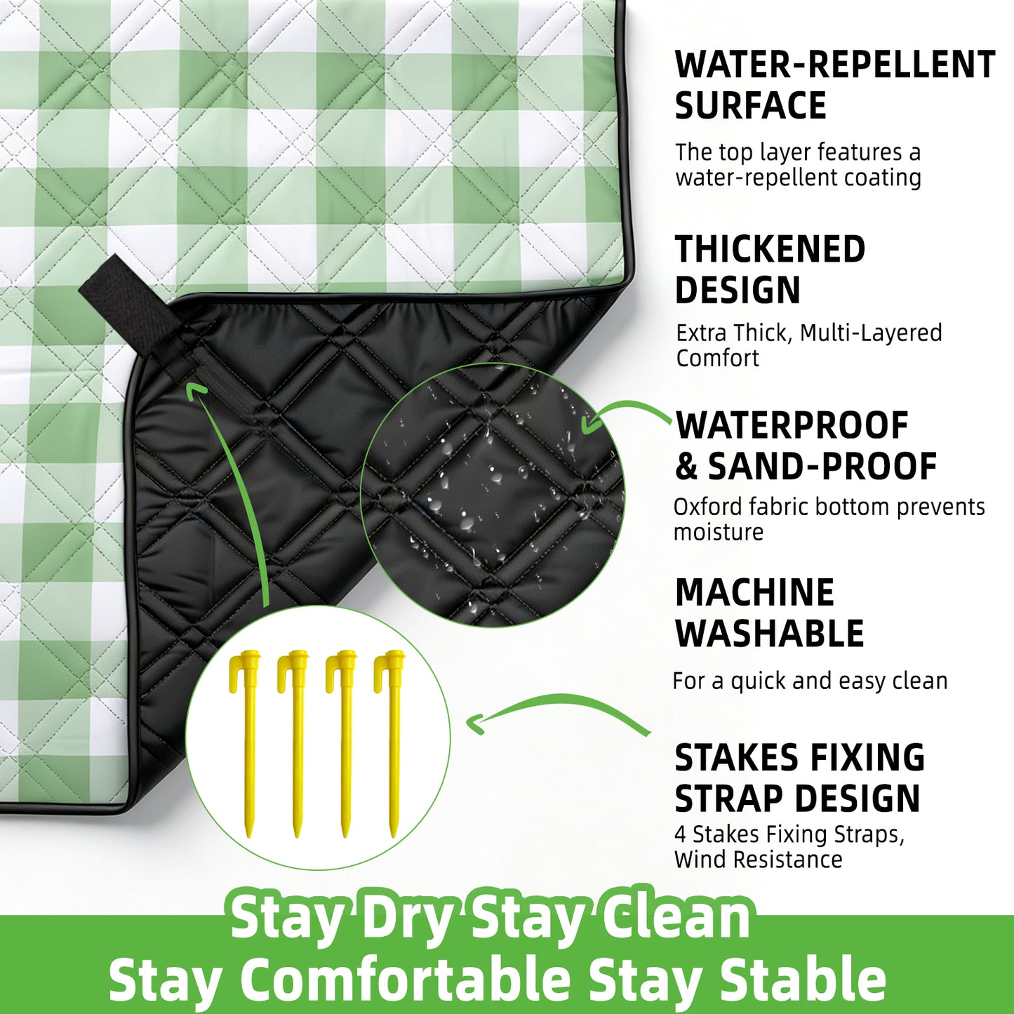 Large Picnic Blanket,80''x80'' Waterproof Foldable Blankets Picnic Mat for Outdoor Camping Grass Lawn Park Accessories Cute Couple Gifts Ideas Wedding Registry(Green White)