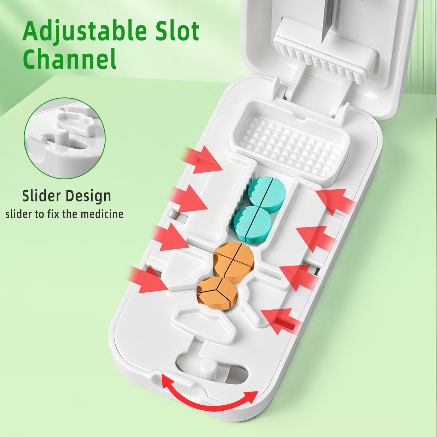 West Bay Pill Cutter Splitter for Small and Tiny Pills, Precisely Cuts into 1/2, 1/3, 1/4 | Portable & Easy-Grip Design | Back Storage