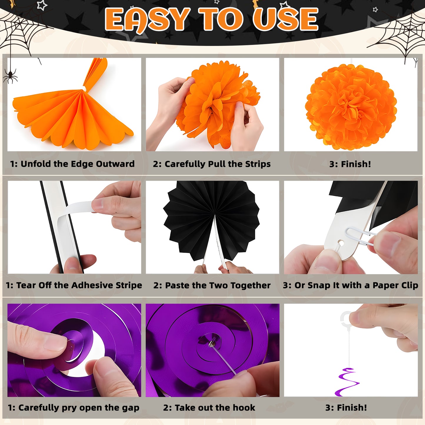 KORALAKIRI Halloween Party Decorations Happy Halloween Banner Honeycomb Balls Paper Fans Hanging Swirls Triangle Garland for Indoor Home Office Class School Party Supplies