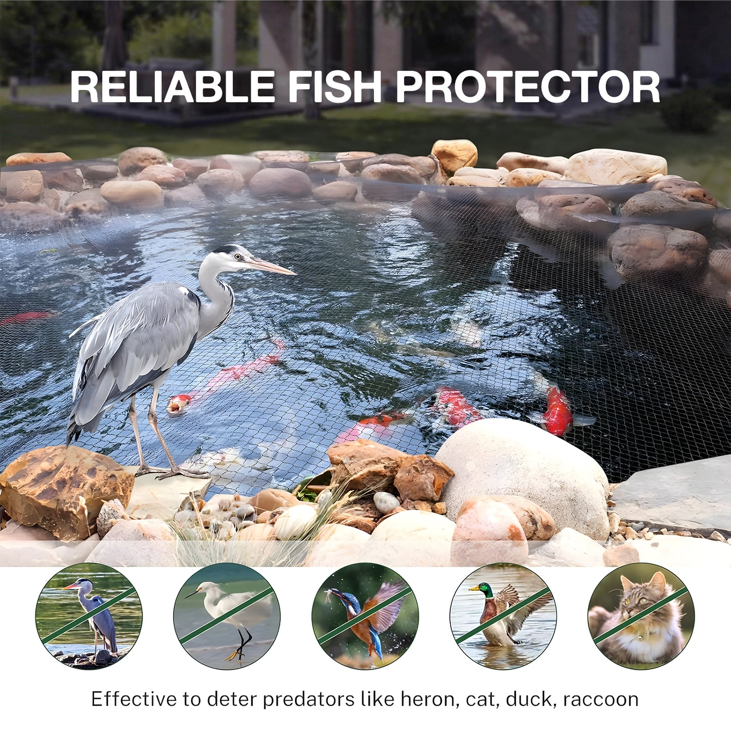 KORALAKIRI 14 X 20 FT Pond Net ,Heavy Duty Woven Fine Pond Netting Kit Cover for Leaves,Netting Protect Koi Fish Against Herons, Raccoons, Cats & Predators, Zip Tie and Stake Included