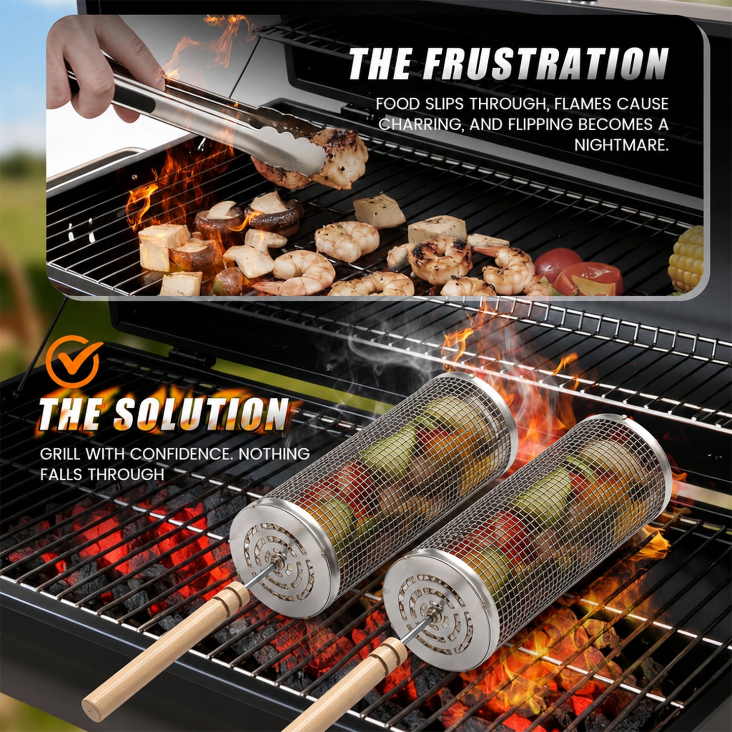 KORALAKIRI 2Pcs Rolling Grill Baskets with Removable Wooden Handle, Grilling Accessories, BBQ Net Tube Baskets for Veggies, Shrimp, Meat, Father' Day Gifts for Men Dad Husband