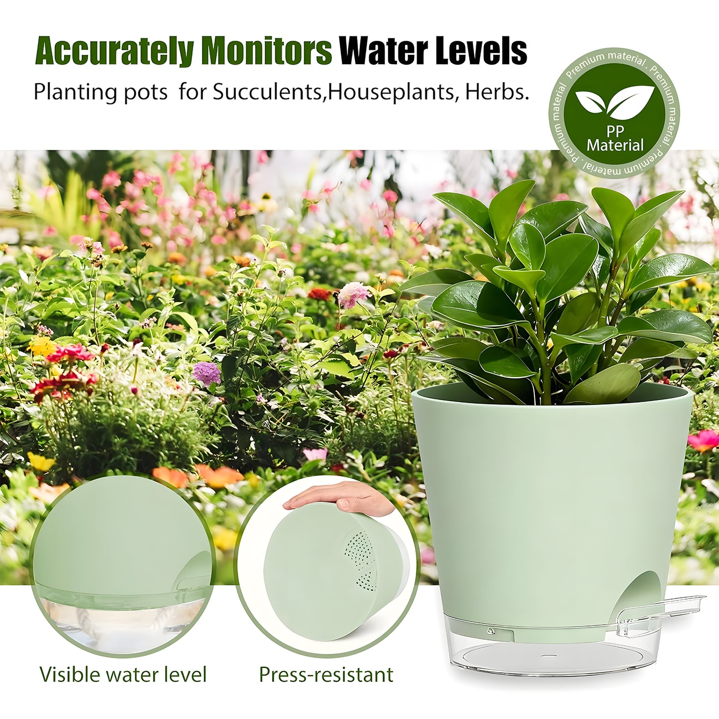 West Bay 4 Inch Self Watering Pots for Indoor Plants, 6 Pack Small Flower Plant Pots with Drainage Holes and Clear Reservoirs, Visible Water Level, Plastic Planters with Wicking Rope, Green