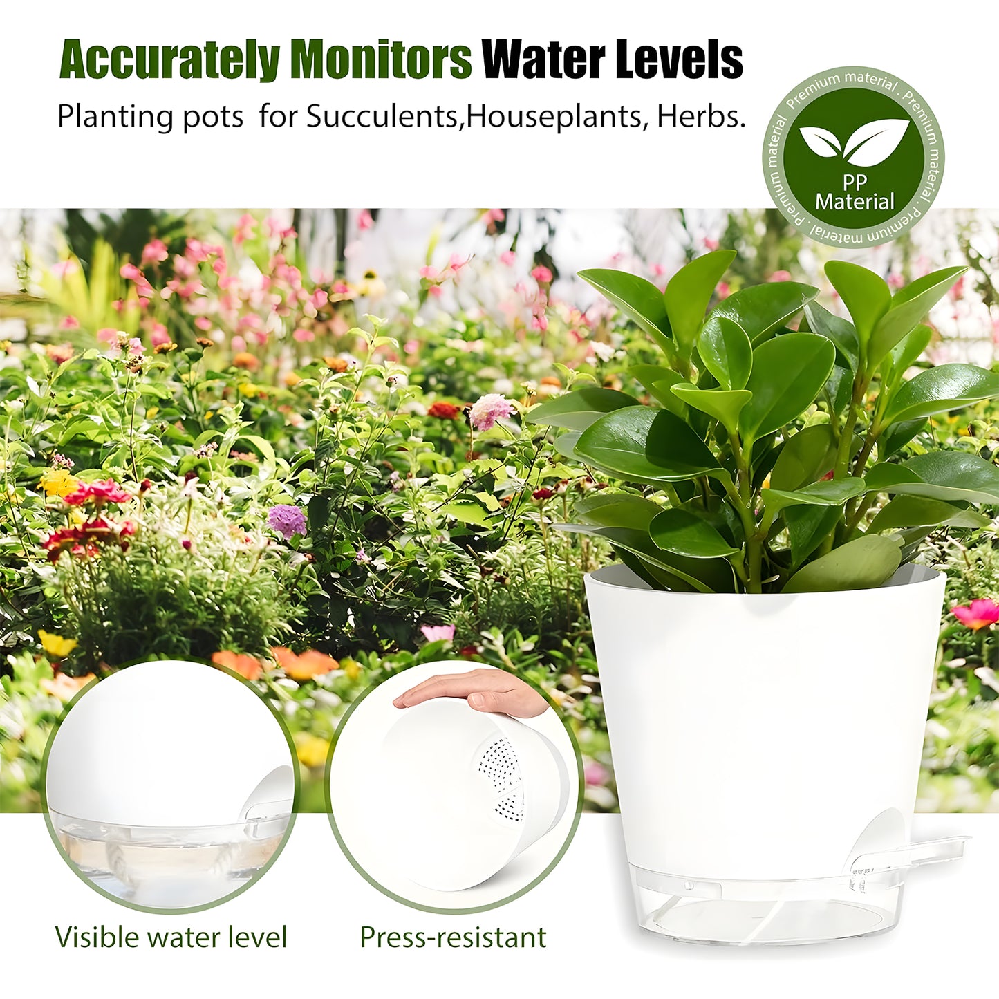 West Bay 7-Pack Self Watering Pots for Indoor Plant, Flower Pot with Drainage Holes and Clear Saucers, 4/5/5.5/6/6.5/7/8 Inch, White