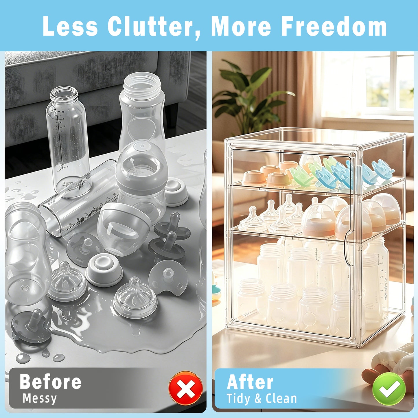 KORALAKIRI Baby Bottle Storage Organizer, Adjustable Clear Acrylic Makeup Storage Station, Case Box Container with 2 Removable Dividers and Magnetic Door for Countertop, Cabinet,Vanity, Bathroom