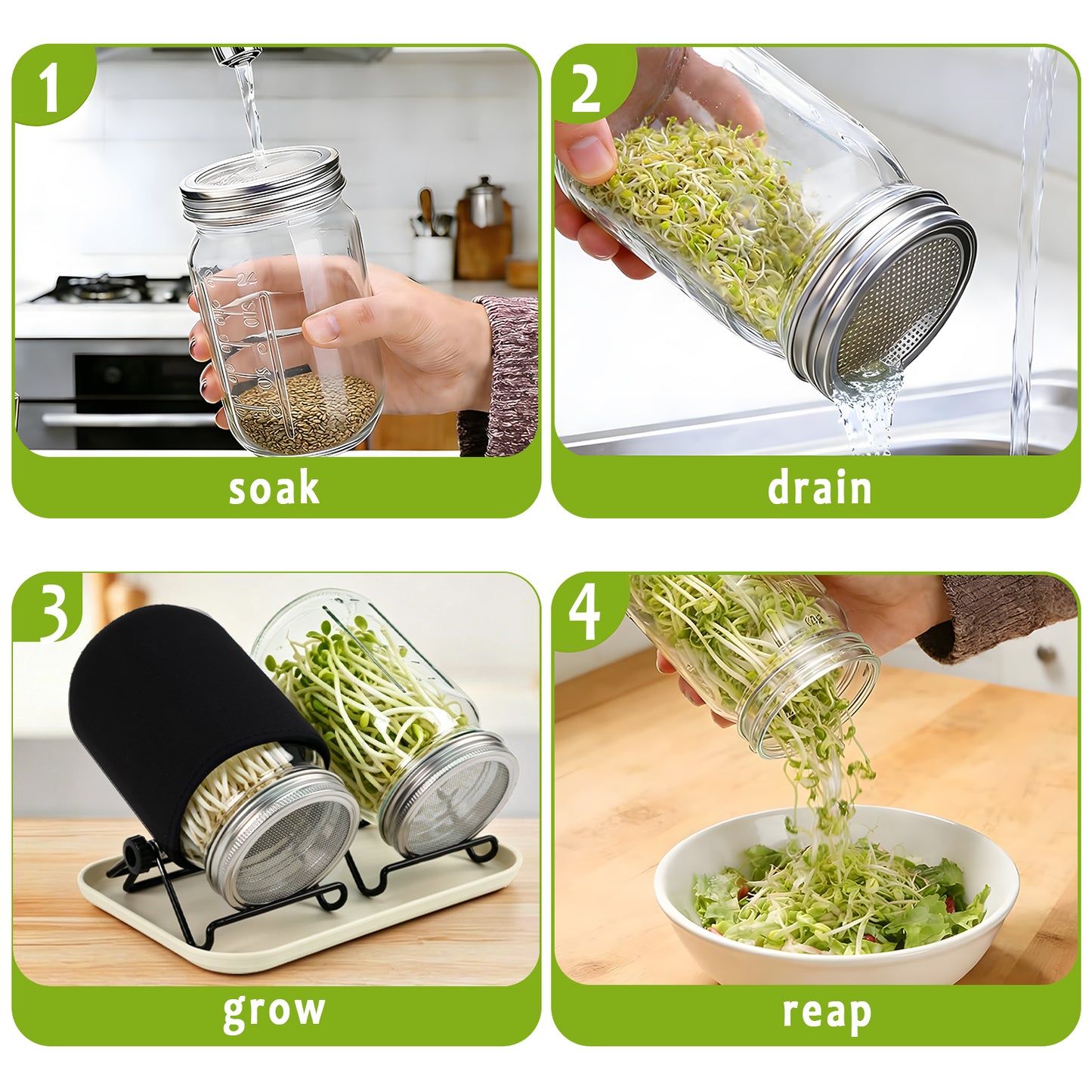 KORALAKIRI 2 x 32oz Sprouting Jar Growing Kits, Seed Sprouter Set, Wide Mouth Jars with Screen Sprout Lids & Stands, Blackout Sleeves, Drain Tray for Growing Broccoli, Bean, Alfalfa