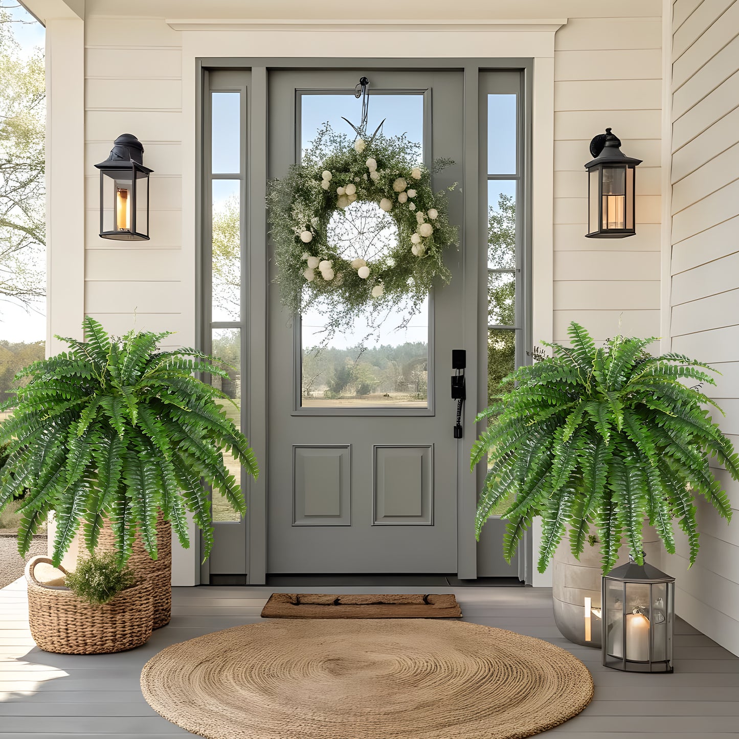 Artificial Boston Fern Bush- Set of 2 Large Artificial Ferns for Outdoors, 45Inch Large Faux Ferns, Suitable for Office & Living Room Decor, 60Branches for Each Bouquet