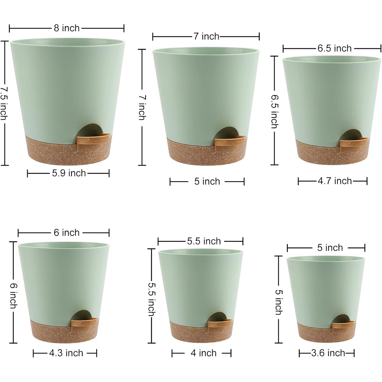 West Bay 6-Pack Self Watering Planters, Indoor Outdoor large flower pot plant pots with Drainage Holes and Saucers, 8, 7, 6.5, 6, 5.5, 5 Inches, Green