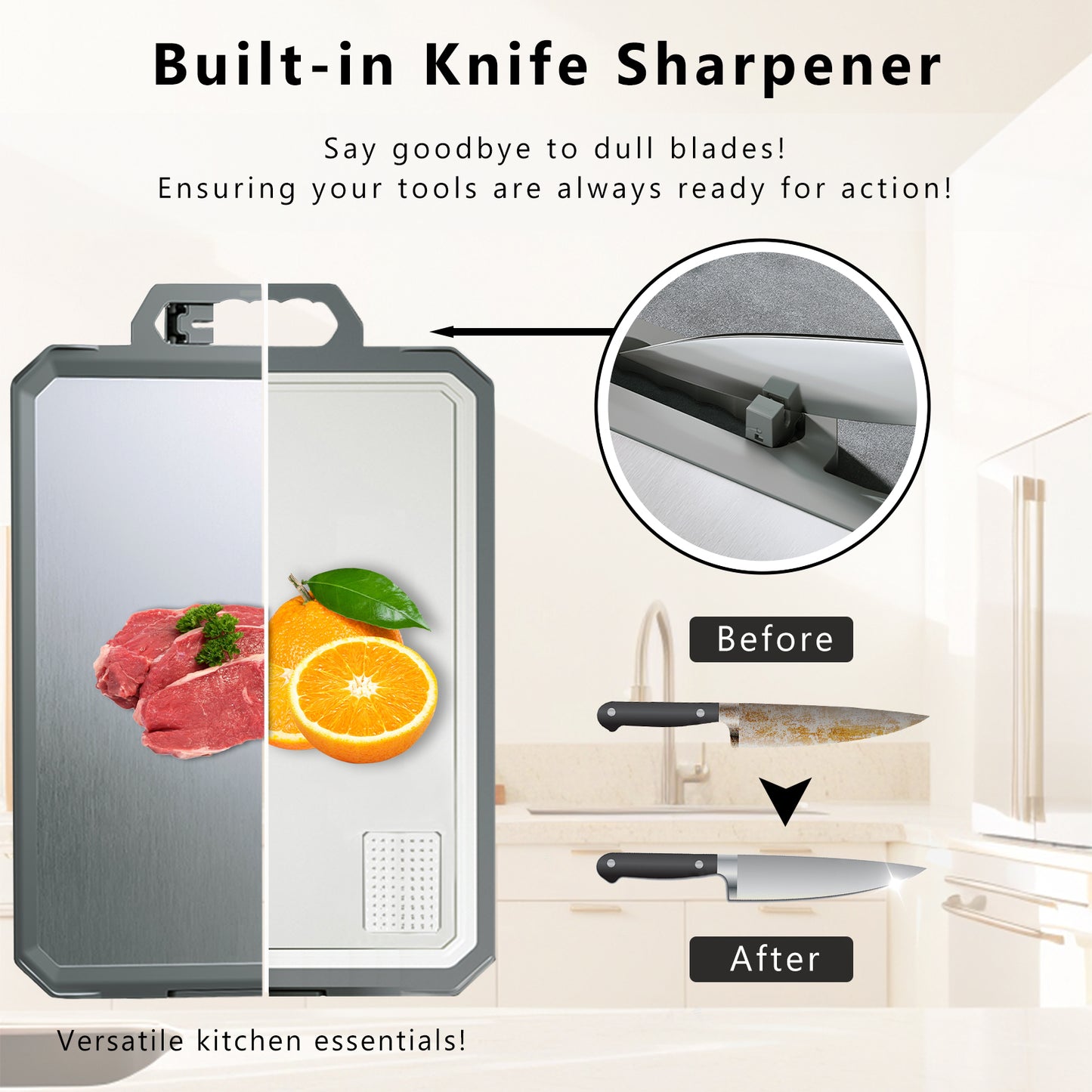 West Bay Stainless Steel Glass Cutting Board - Large 17 x 12 Inch Cutting Board with Handle & Knife Sharpener | Dishwasher Safe Double-Sided Chopping Board, Non-Slip PP Base by West Bay