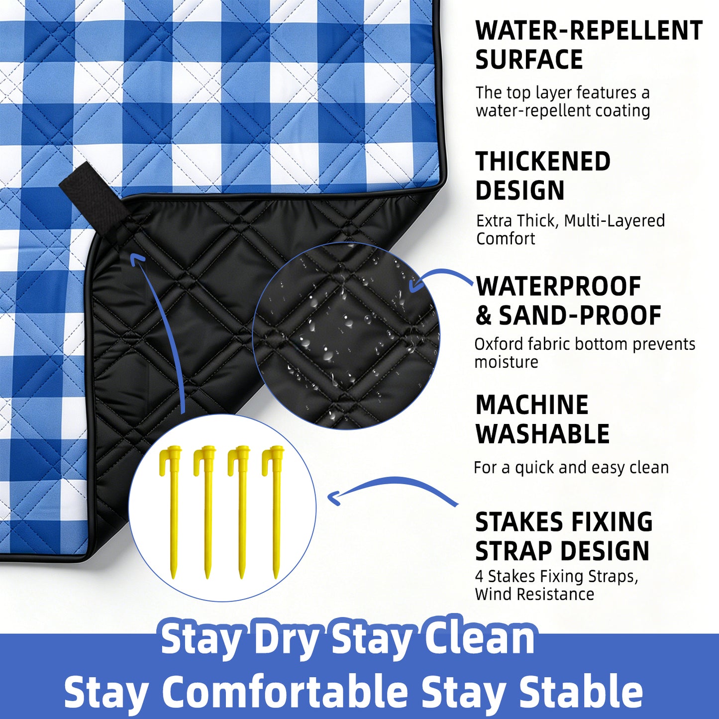 Large Picnic Blanket,80''x80'' Waterproof Foldable Blankets Picnic Mat for Outdoor Camping Grass Lawn Park Accessories Cute Couple Gifts Ideas Wedding Registry(Blue White)
