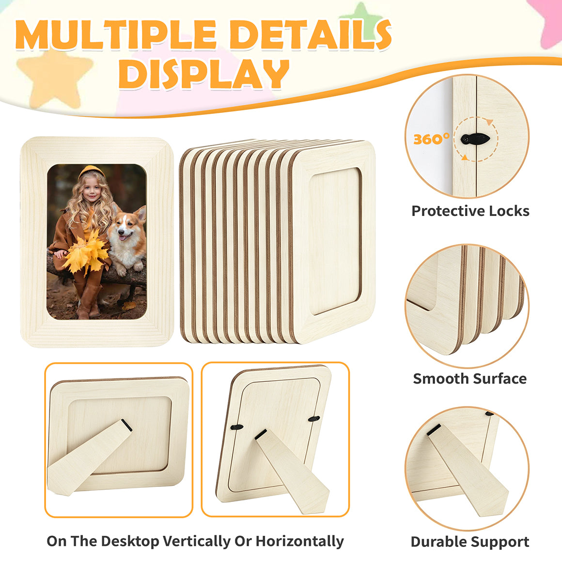 KORALAKIRI 12Pcs Wooden Picture Frames for 4x6 in Photo, DIY Wood Standing Photos Frame with 12Pcs Painting Color Pens, 4 Sheets Crystal Diamond Stickers Craft Kit