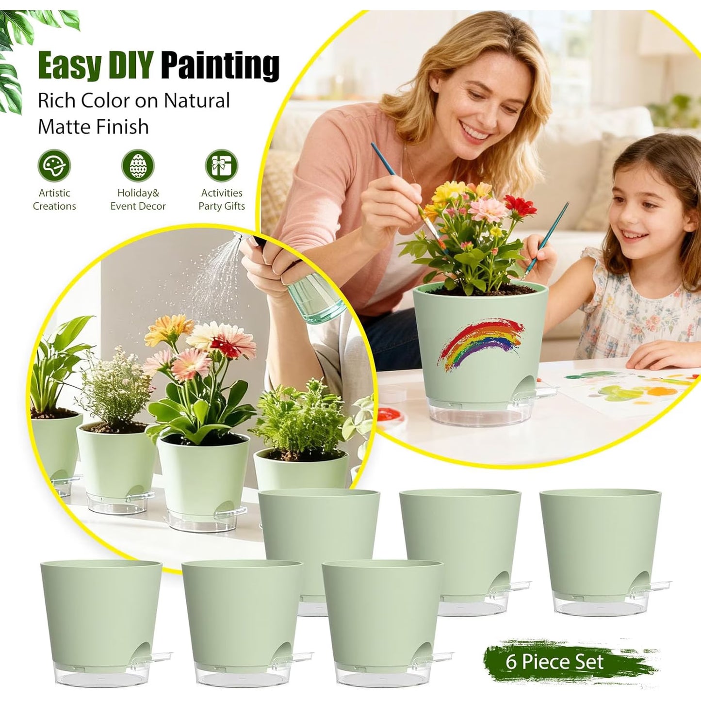 West Bay 4 Inch Self Watering Pots for Indoor Plants, 6 Pack Small Flower Plant Pots with Drainage Holes and Clear Reservoirs, Visible Water Level, Plastic Planters with Wicking Rope, Green