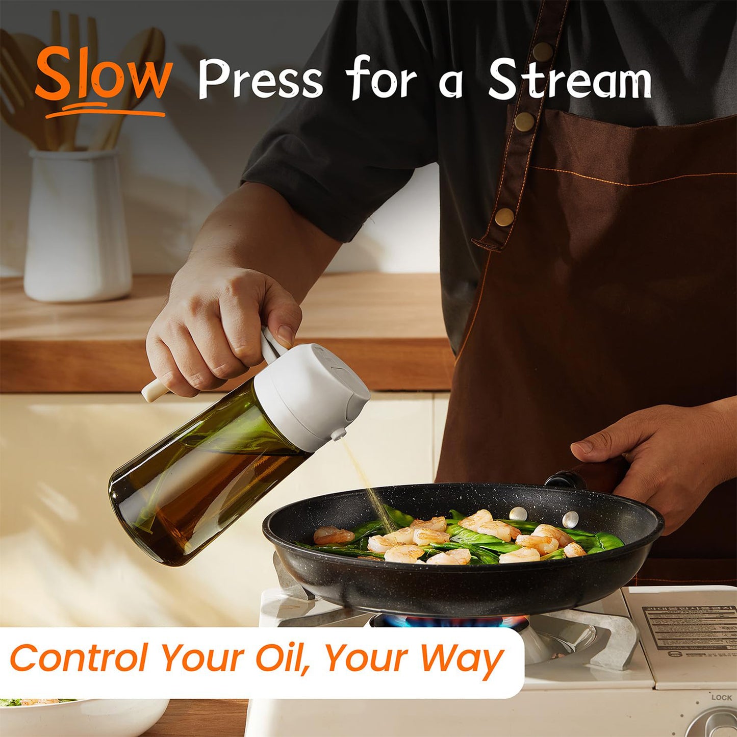 KORALAKIRI Oil Dispenser, 2 in 1 Oil Sprayer for Cooking, 16oz/470ml Glass Food-grade Olive Oil Spray Bottle Mister with Pourer for Kitchen, Salad, Frying, BBQ (Black & White)