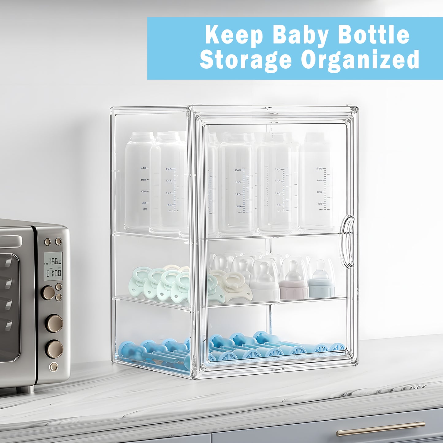 KORALAKIRI Baby Bottle Storage Organizer, Adjustable Clear Acrylic Makeup Storage Station, Case Box Container with 2 Removable Dividers and Magnetic Door for Countertop, Cabinet,Vanity, Bathroom
