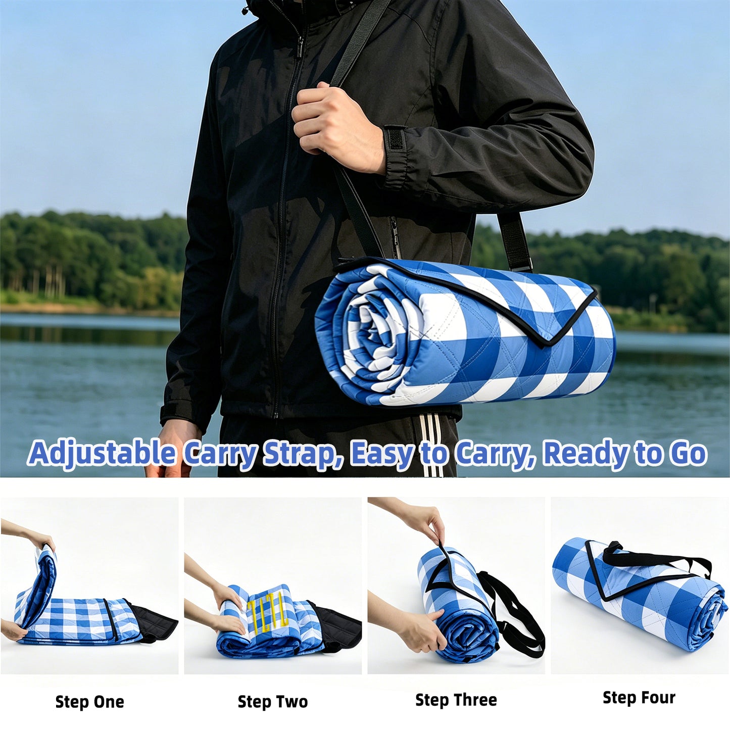 Large Picnic Blanket,80''x80'' Waterproof Foldable Blankets Picnic Mat for Outdoor Camping Grass Lawn Park Accessories Cute Couple Gifts Ideas Wedding Registry(Blue White)