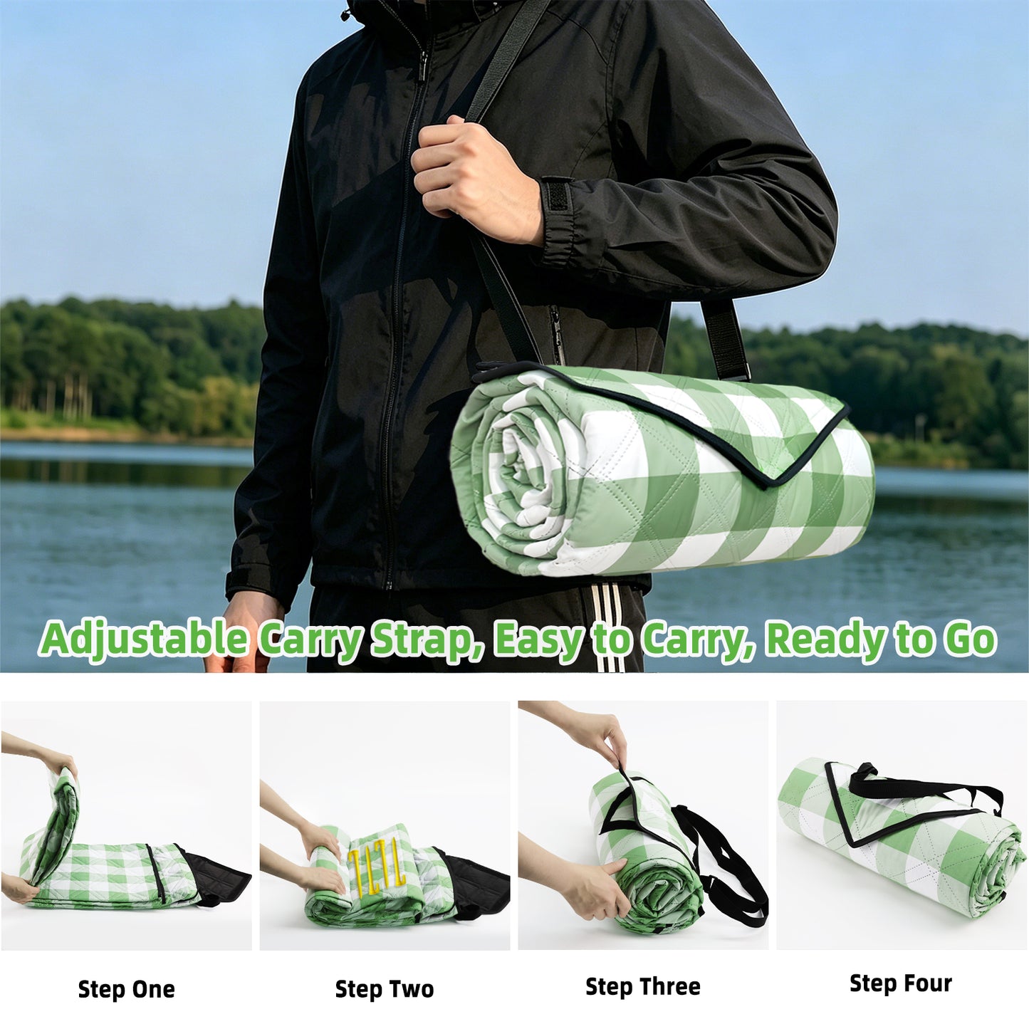 Large Picnic Blanket,80''x80'' Waterproof Foldable Blankets Picnic Mat for Outdoor Camping Grass Lawn Park Accessories Cute Couple Gifts Ideas Wedding Registry(Green White)