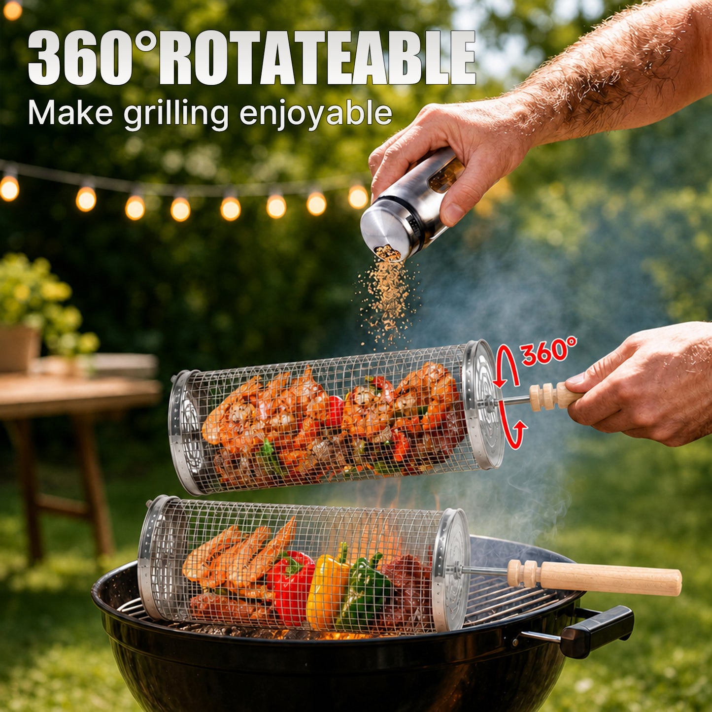 KORALAKIRI 2Pcs Rolling Grill Baskets with Removable Wooden Handle, Grilling Accessories, BBQ Net Tube Baskets for Veggies, Shrimp, Meat, Father' Day Gifts for Men Dad Husband
