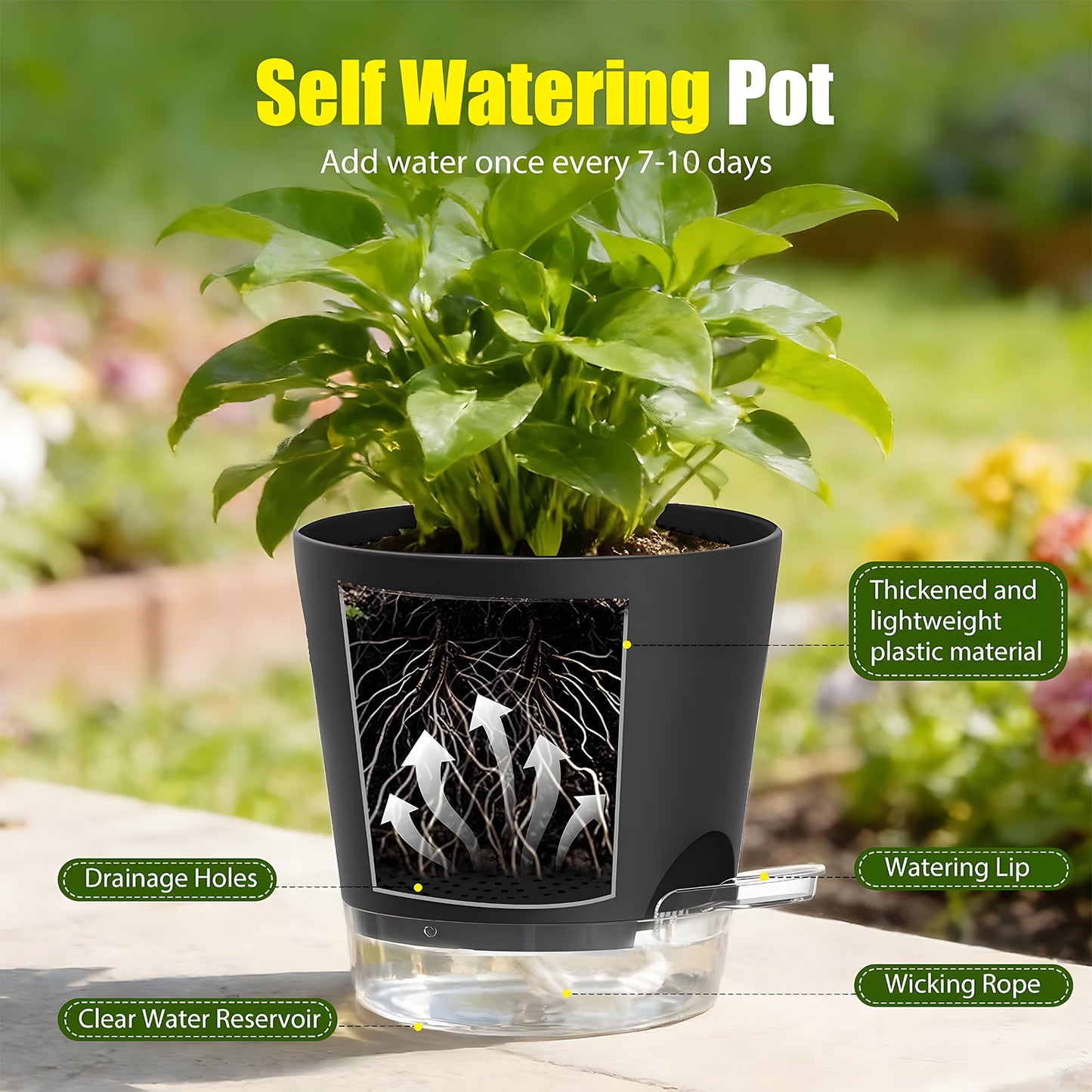 West Bay 7-Pack Self Watering Pots for Indoor Plant, Flower Pot with Drainage Holes and Clear Saucers, 4/5/5.5/6/6.5/7/8 Inch, Black