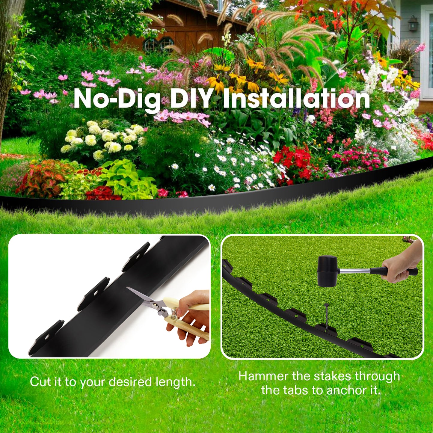 KORALAKIRI Landscape Edging Kit, 33ft Garden Edging Border 3.9 Inch Tall with 50 Pcs Spikes, Edging for Landscaping, Garden, Black