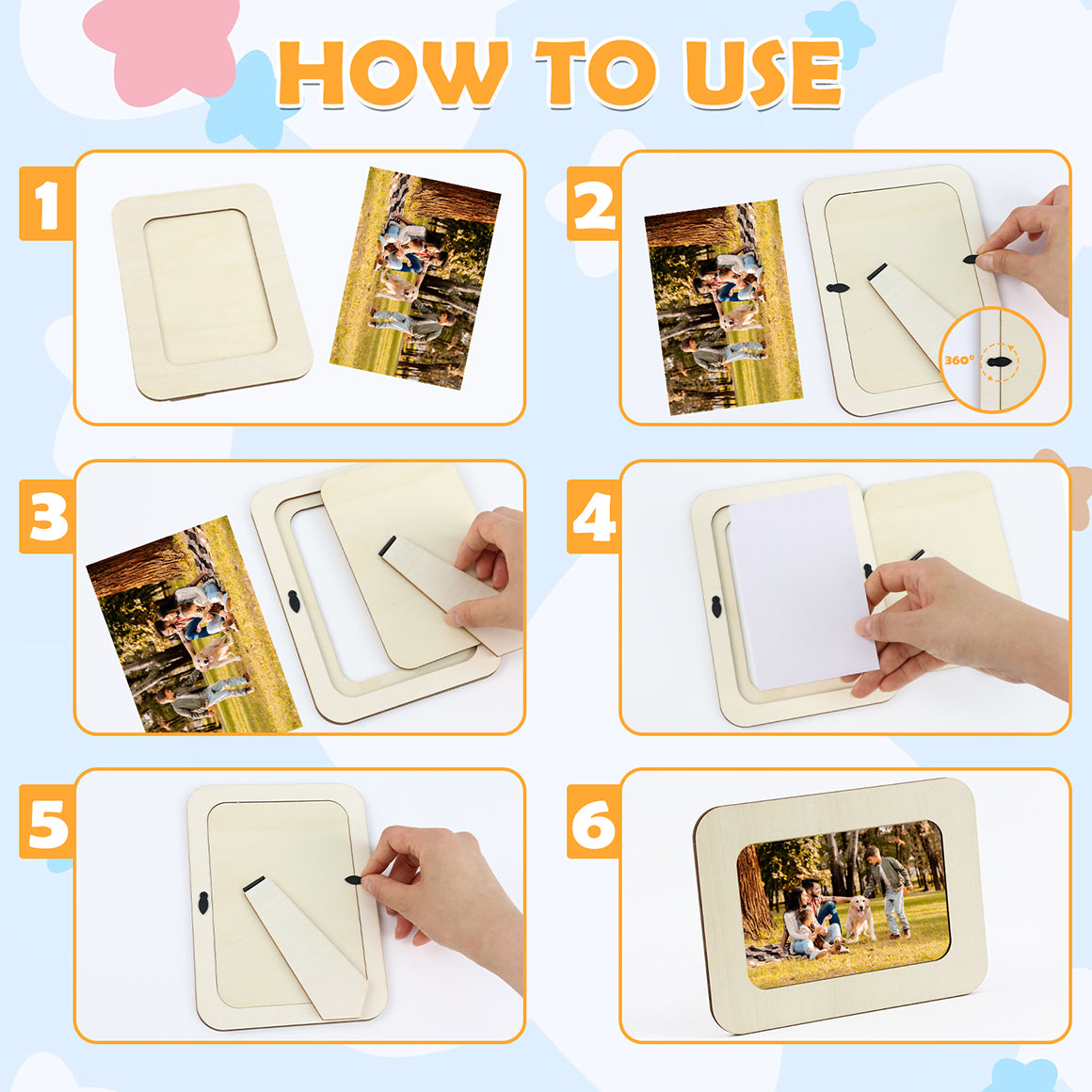 KORALAKIRI 12Pcs Wooden Picture Frames for 4x6 in Photo, DIY Wood Standing Photos Frame with 12Pcs Painting Color Pens, 4 Sheets Crystal Diamond Stickers Craft Kit