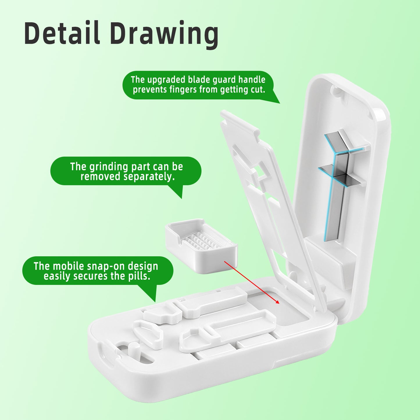 West Bay Pill Cutter Splitter for Small and Tiny Pills, Precisely Cuts into 1/2, 1/3, 1/4 | Portable & Easy-Grip Design | Back Storage