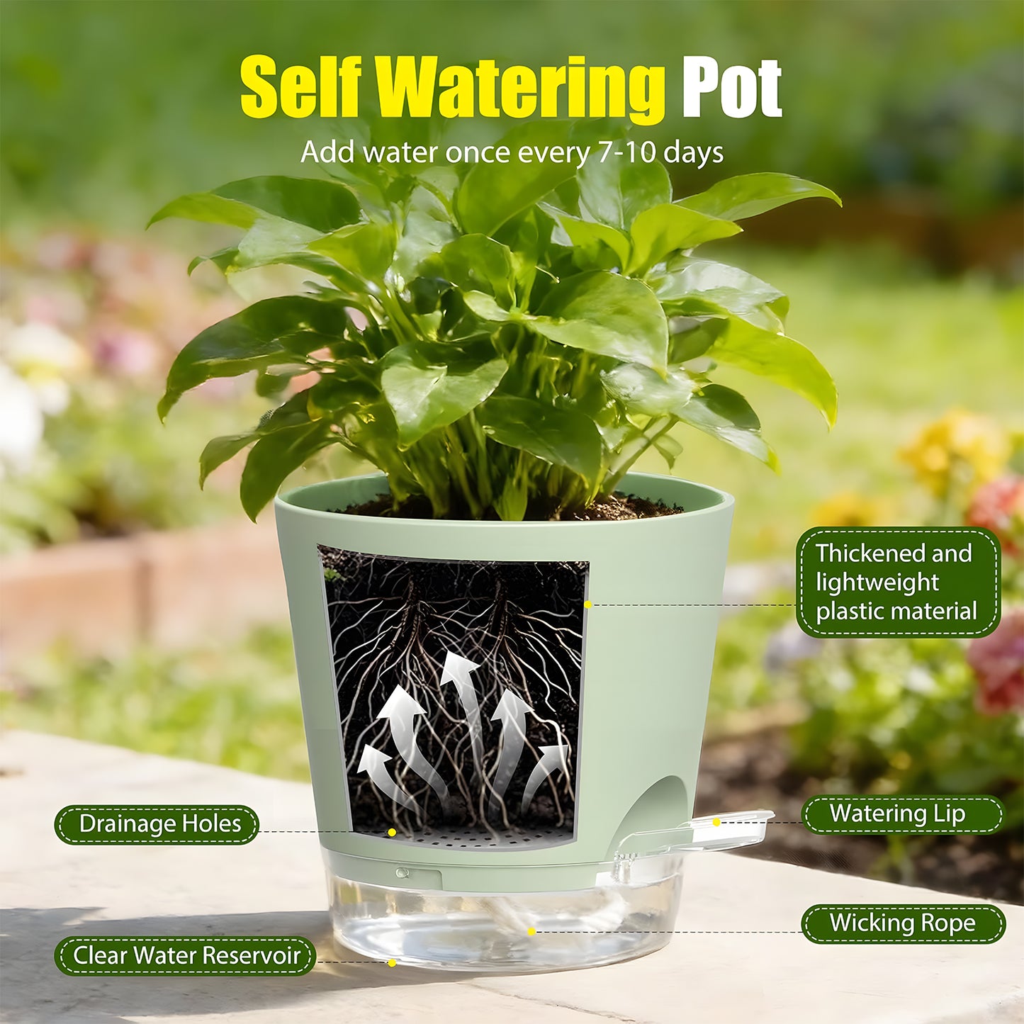 West Bay 7-Pack Self Watering Pots for Indoor Plant, Flower Pot with Drainage Holes and Clear Saucers, 4/5/5.5/6/6.5/7/8 Inch, Green