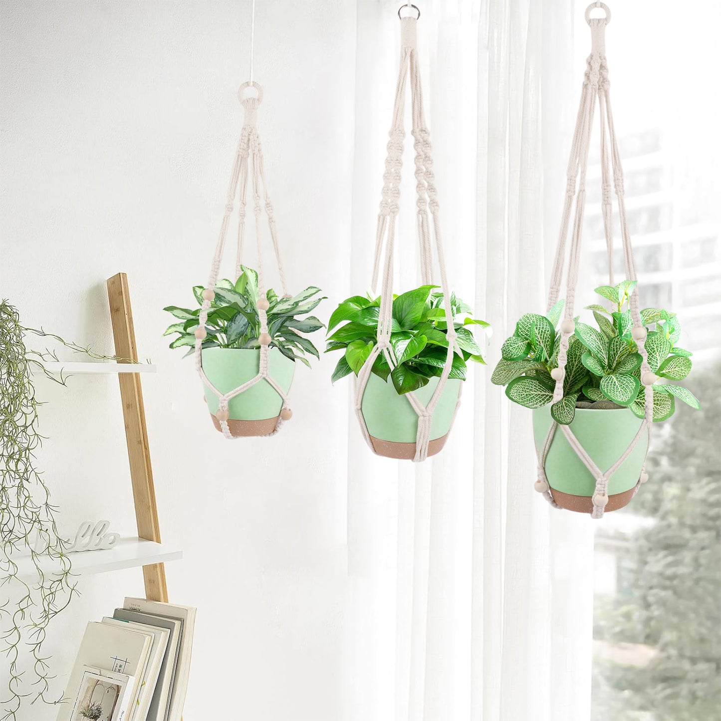 West Bay 3 Set Hanging Planter with Macrame Plant Hangers Indoor Outdoor, Hanging Baskets for Plant, Flower Self Watering Pots Holders (Green)