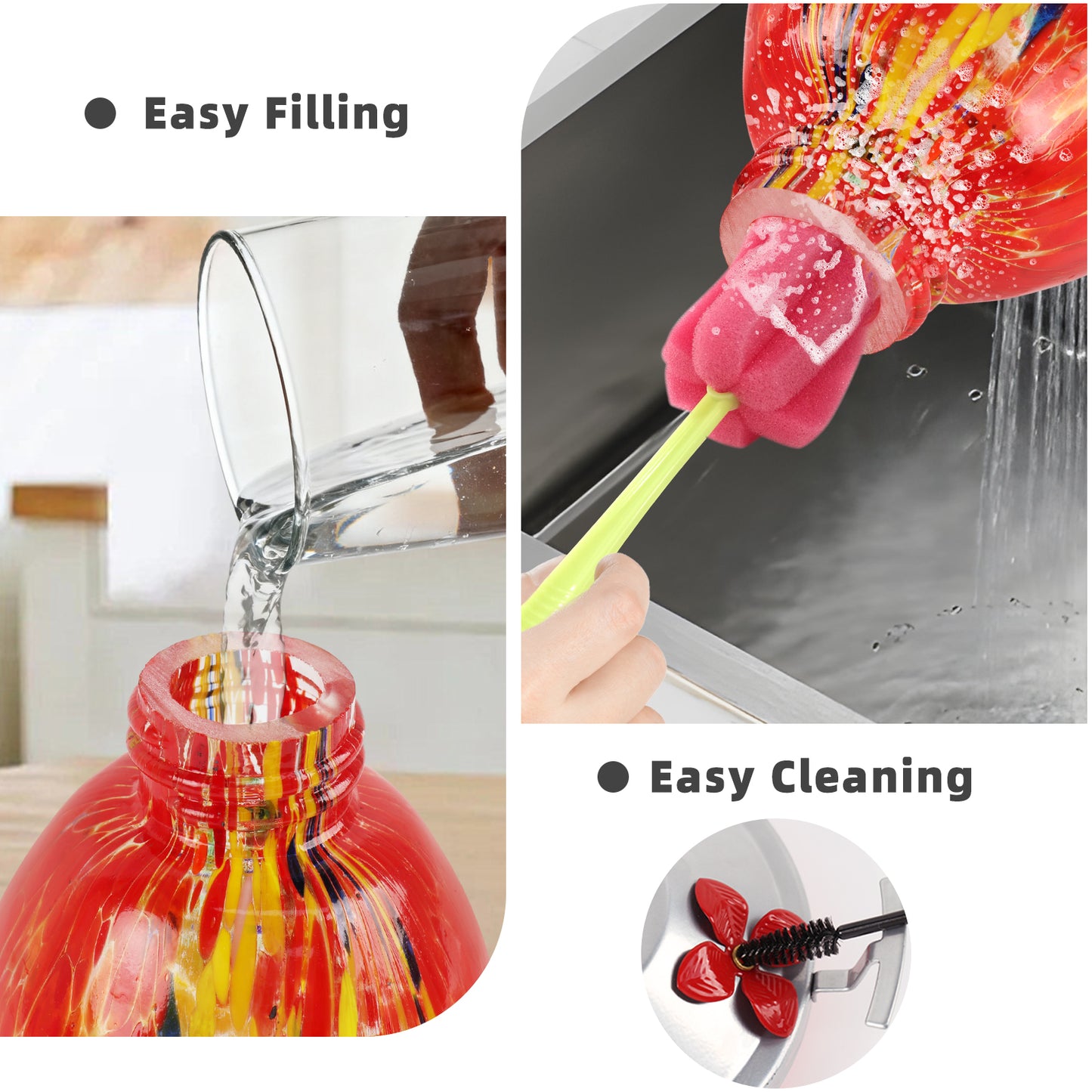 KORALAKIRI Glass Humming Bird Feeders for Outdoors, 27OZ Hand Blown Glass Hummingbird Feeder - Unique Gift for Mom Women Grandparents, Outdoors Hanging Garden Decor, Includes Ant Moat & Brush, 1 Pack