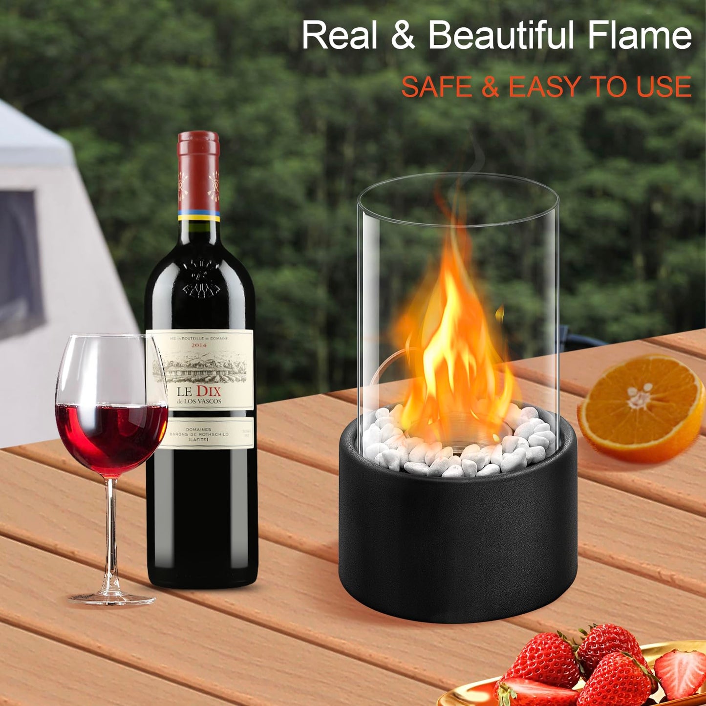 KORALAKIRI Tabletop Fire Pit,Portable Fire Pit Tabletop for Indoor & Outdoor,Table Top Fire Place with White Stone & Wind Proof Glass