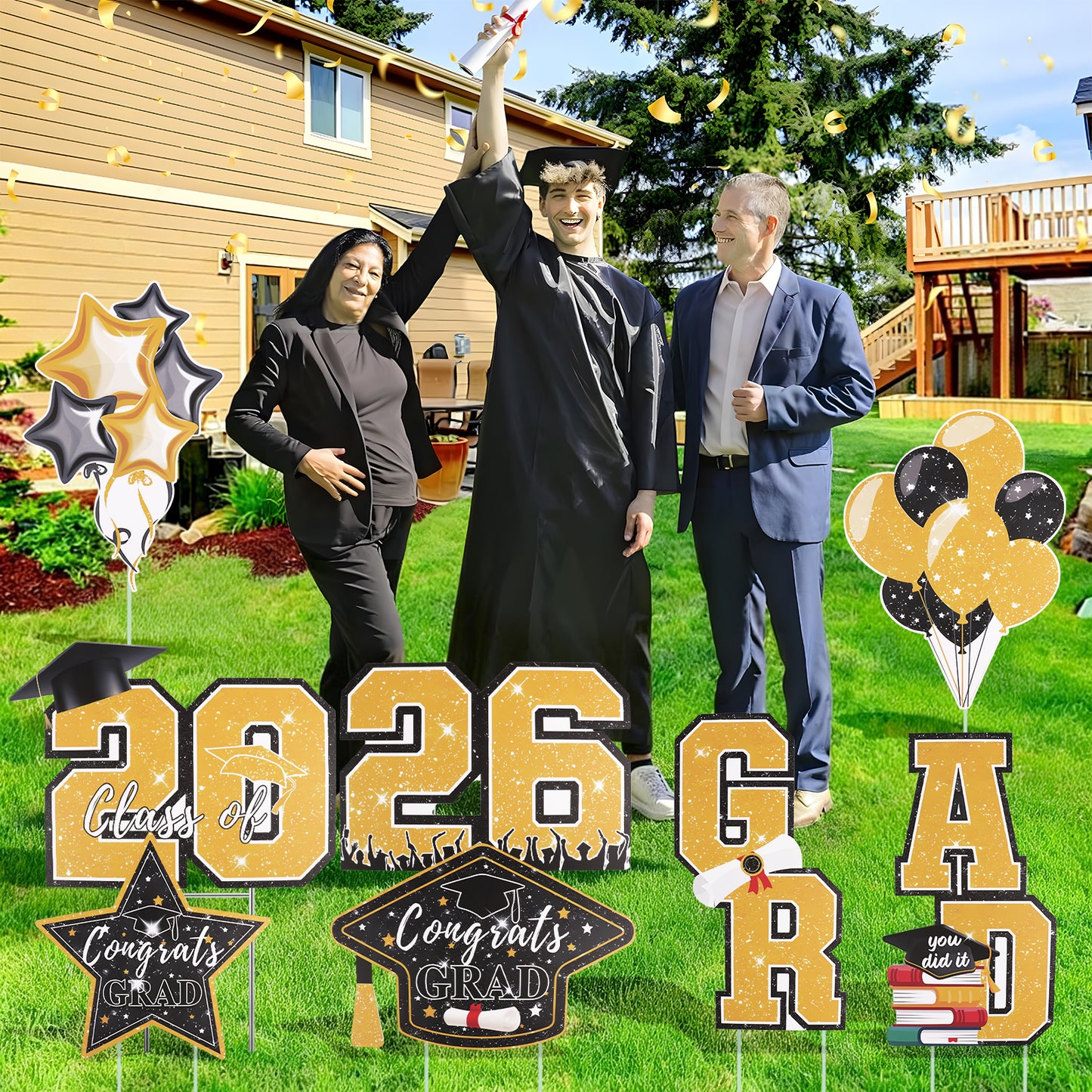 KORALAKIRI Graduation Yard Sign Decorations, 22 Pcs Black & Gold Congrats Grad of Class 2026 with Metal Stakes for Graduation Party Decoration Supplies