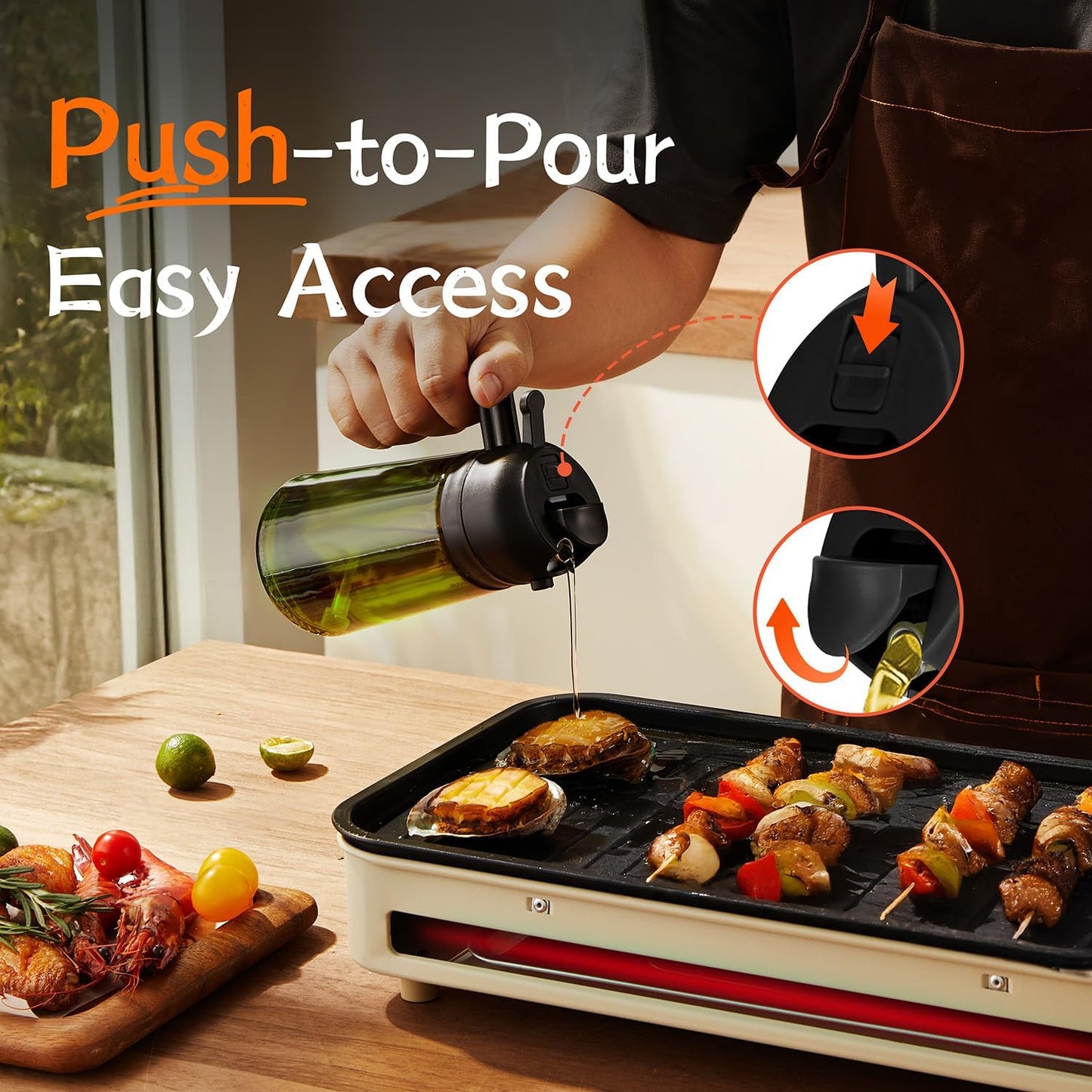 KORALAKIRI 2 in 1 Oil Sprayer for Cooking, 16oz/470ml Glass Food-grade Olive Oil Spray Bottle Dispenser Mister Spritzer with Pourer for Kitchen, Salad, Frying, BBQ (Black & Orange)