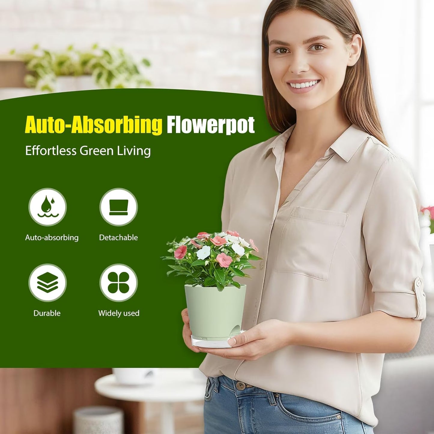 West Bay 4 Inch Self Watering Pots for Indoor Plants, 6 Pack Small Flower Plant Pots with Drainage Holes and Clear Reservoirs, Visible Water Level, Plastic Planters with Wicking Rope, Green