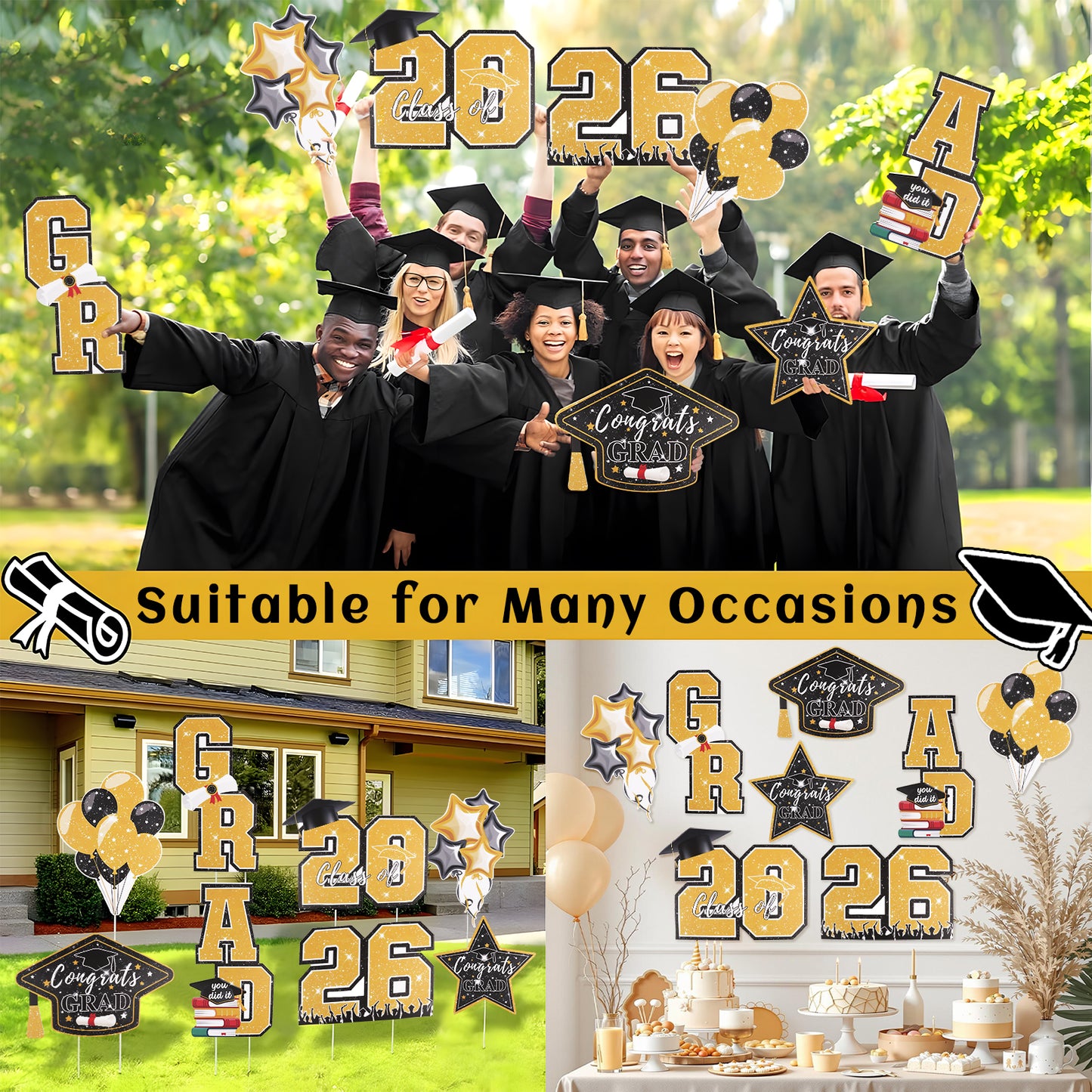 KORALAKIRI Graduation Yard Sign Decorations, 22 Pcs Black & Gold Congrats Grad of Class 2026 with Metal Stakes for Graduation Party Decoration Supplies