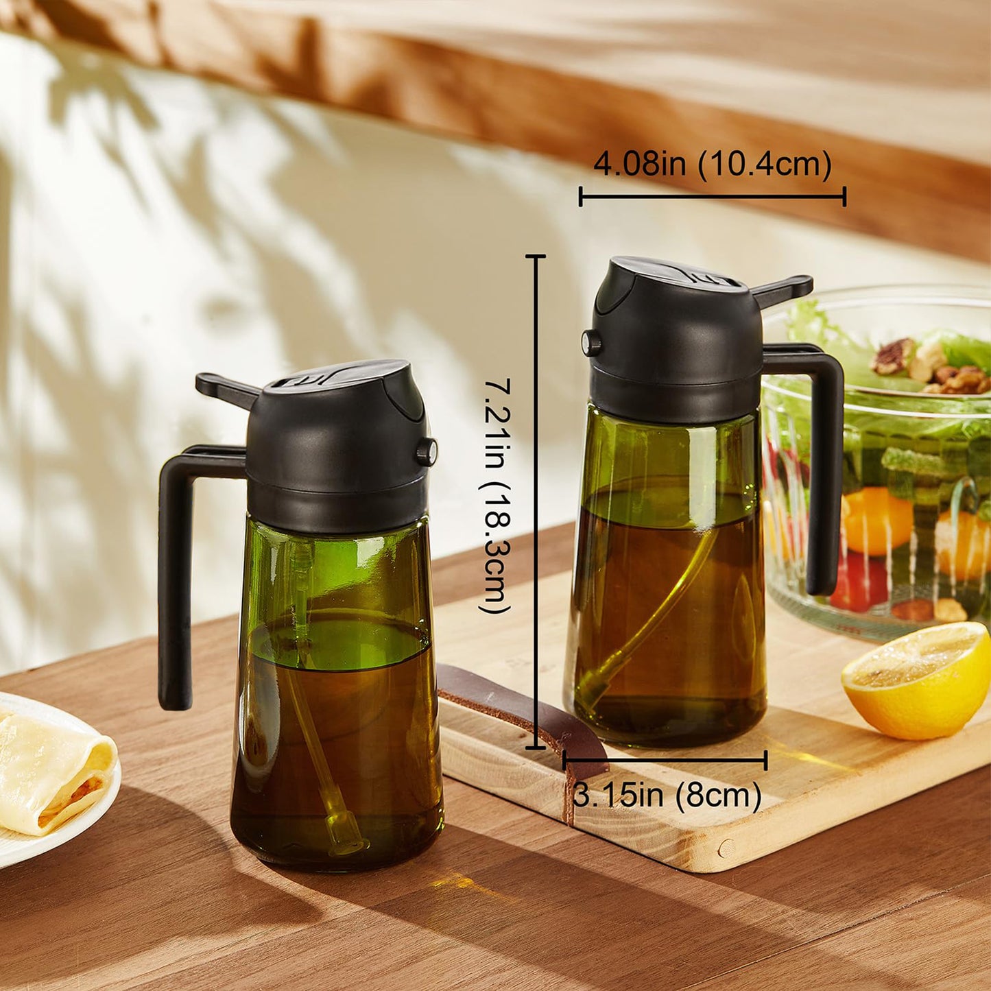 KORALAKIRI 2 in 1 Oil Sprayer for Cooking, 16oz/470ml Glass Food-grade Olive Oil Spray Bottle Dispenser Mister Spritzer with Pourer for Kitchen, Salad, Frying, BBQ (Black & Black)