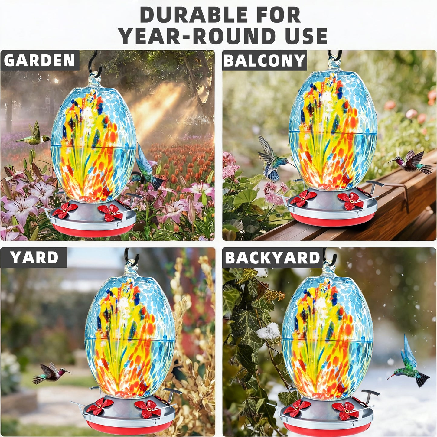 KORALAKIRI Glass Hummingbird Feeders, 27OZ Hummingbird Feeder for Outdoors Hanging ant and Bee Proof, Humming Birds Feeders for Outside-Blue