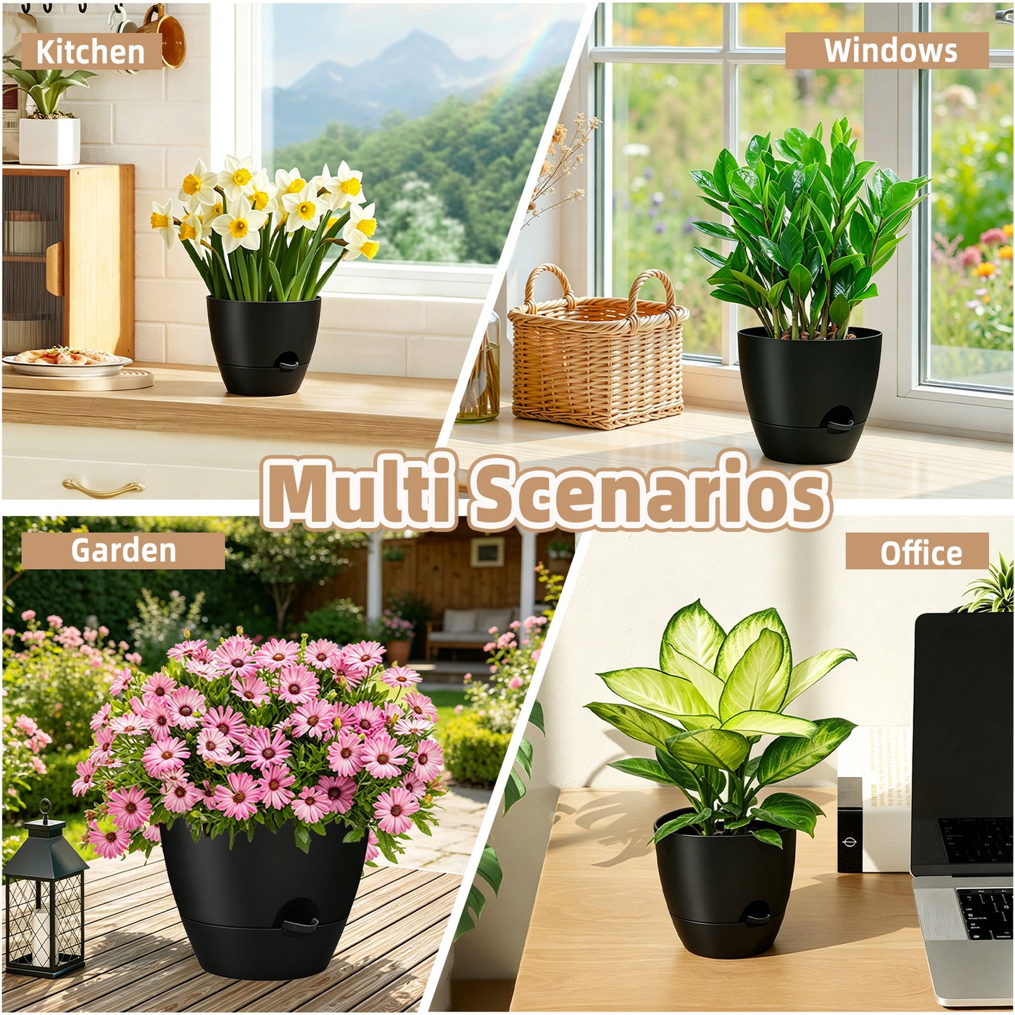 West Bay 12" 10" 9" Large Self Watering Plant Pots, 3 Pack Flower Pots Planters with Multi Mesh Drainage Holes for Indoor Outdoor Garden Plants and Flowers (All BLACK)