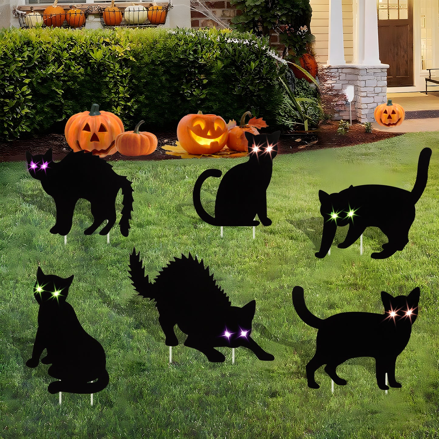 KORALAKIRI 6 pack Halloween Decorations Outdoor, Black Cat with LED Lights for Garden Lawn,Halloween Yard Signs Stakes Scare Cat for Outdoor