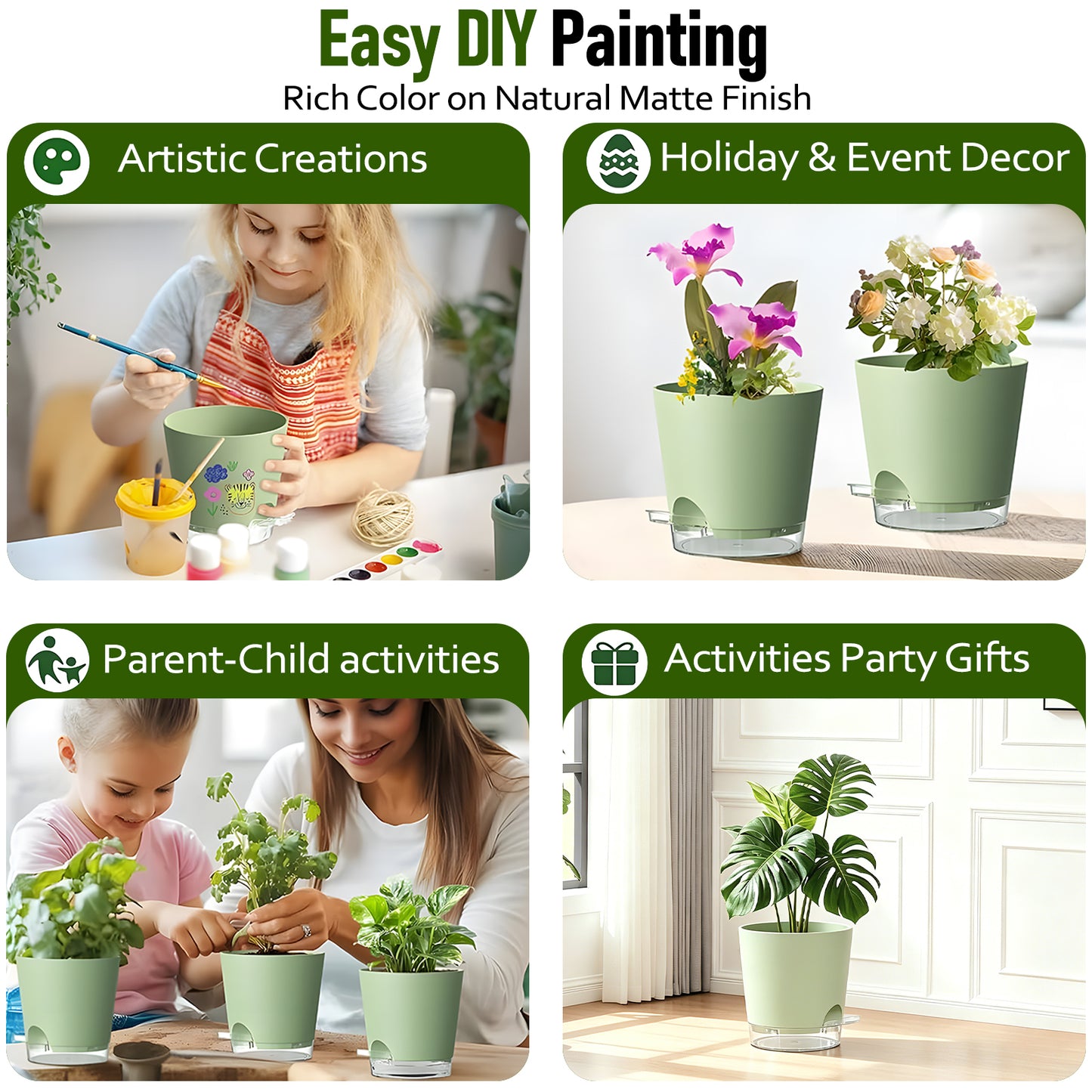 West Bay 7-Pack Self Watering Pots for Indoor Plant, Flower Pot with Drainage Holes and Clear Saucers, 4/5/5.5/6/6.5/7/8 Inch, Green