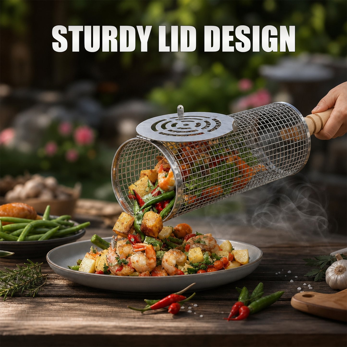 KORALAKIRI 2Pcs Rolling Grill Baskets with Removable Wooden Handle, Grilling Accessories, BBQ Net Tube Baskets for Veggies, Shrimp, Meat, Father' Day Gifts for Men Dad Husband