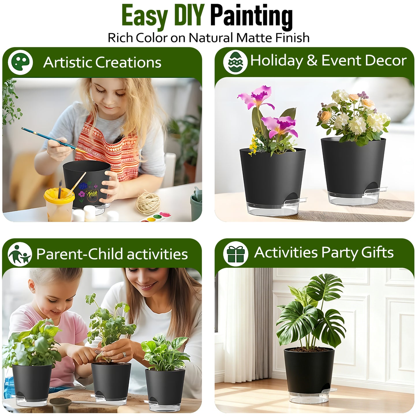 West Bay 7-Pack Self Watering Pots for Indoor Plant, Flower Pot with Drainage Holes and Clear Saucers, 4/5/5.5/6/6.5/7/8 Inch, Black