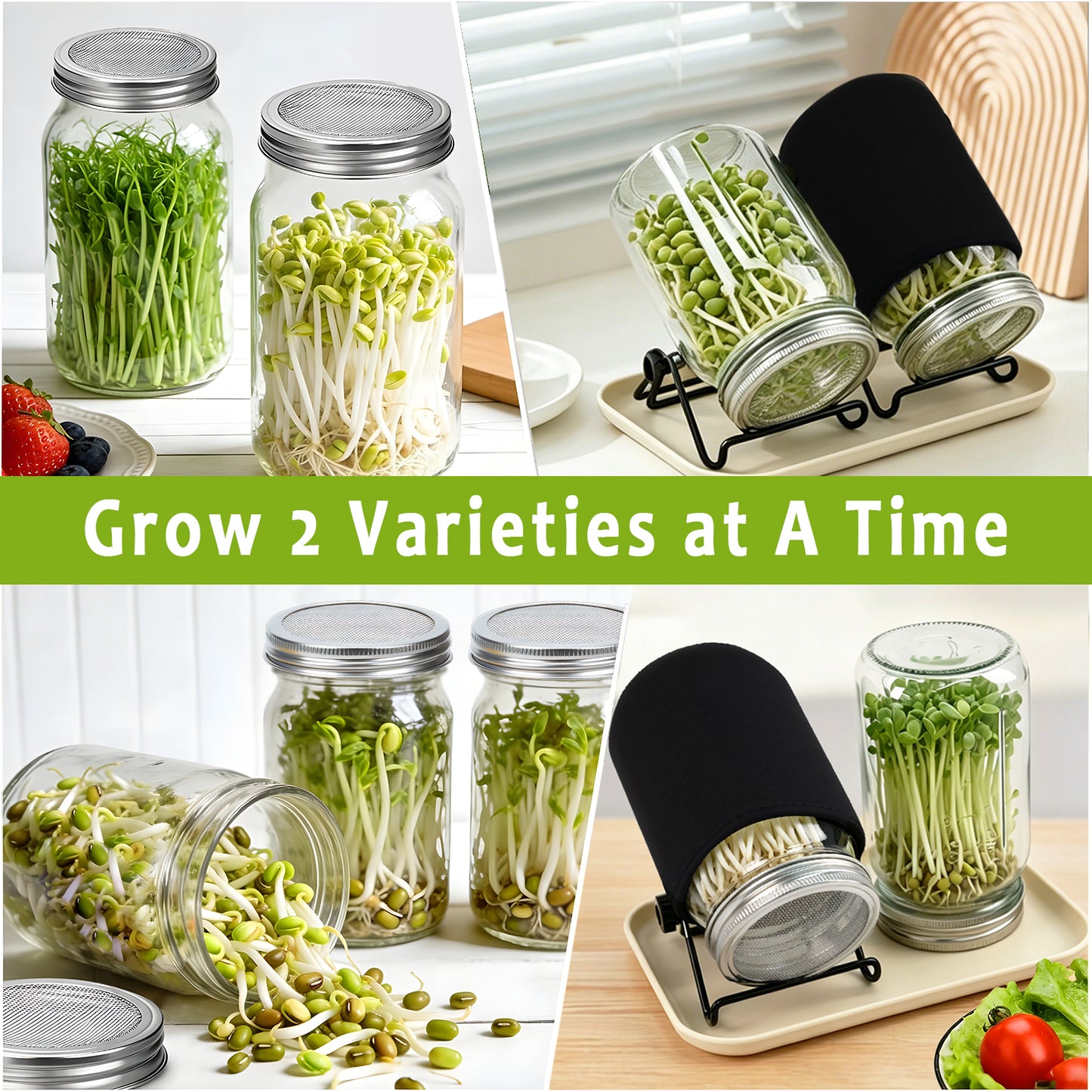 KORALAKIRI 2 x 32oz Sprouting Jar Growing Kits, Seed Sprouter Set, Wide Mouth Jars with Screen Sprout Lids & Stands, Blackout Sleeves, Drain Tray for Growing Broccoli, Bean, Alfalfa