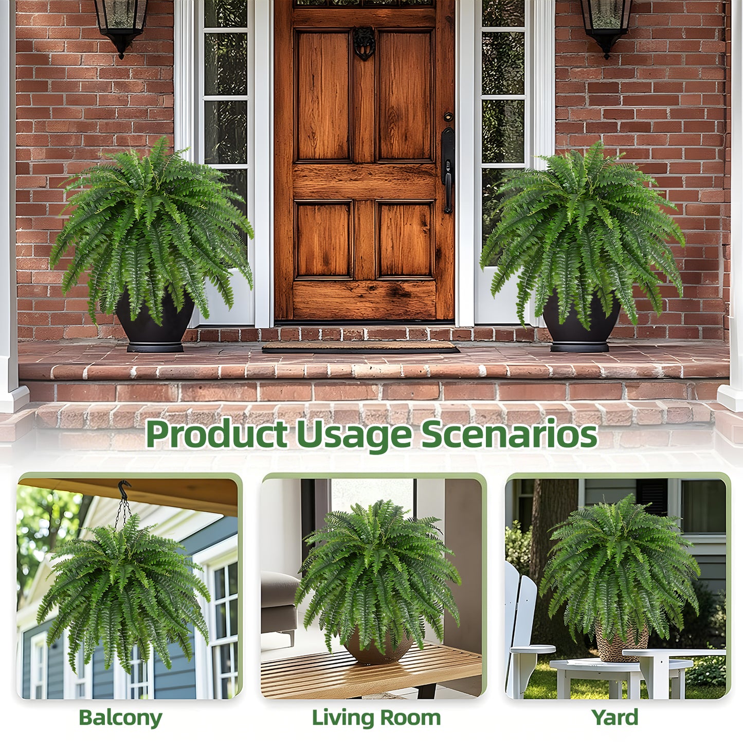 Artificial Boston Fern Bush- Set of 2 Large Artificial Ferns for Outdoors, 45Inch Large Faux Ferns, Suitable for Office & Living Room Decor, 60Branches for Each Bouquet