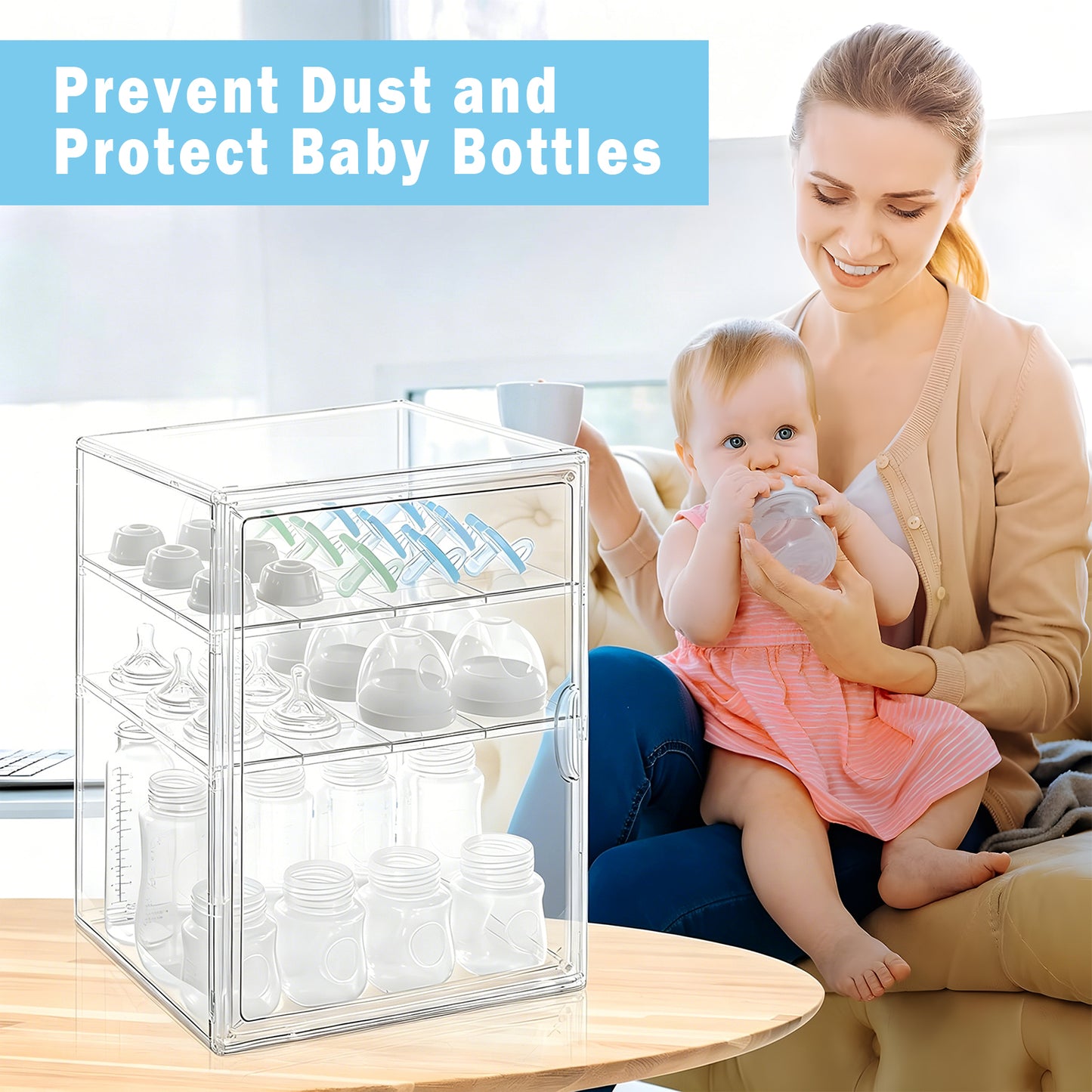 KORALAKIRI Baby Bottle Storage Organizer, Adjustable Clear Acrylic Makeup Storage Station, Case Box Container with 2 Removable Dividers and Magnetic Door for Countertop, Cabinet,Vanity, Bathroom