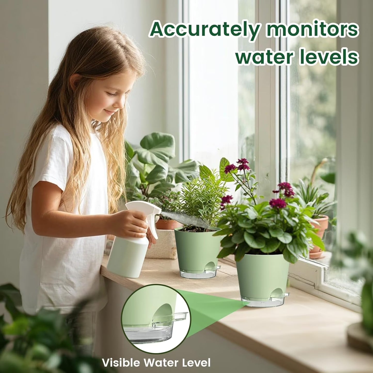 West Bay 4 Inch Self Watering Pots for Indoor Plants, 6 Pack Small Flower Plant Pots with Drainage Holes and Clear Reservoirs, Visible Water Level, Plastic Planters with Wicking Rope, Green