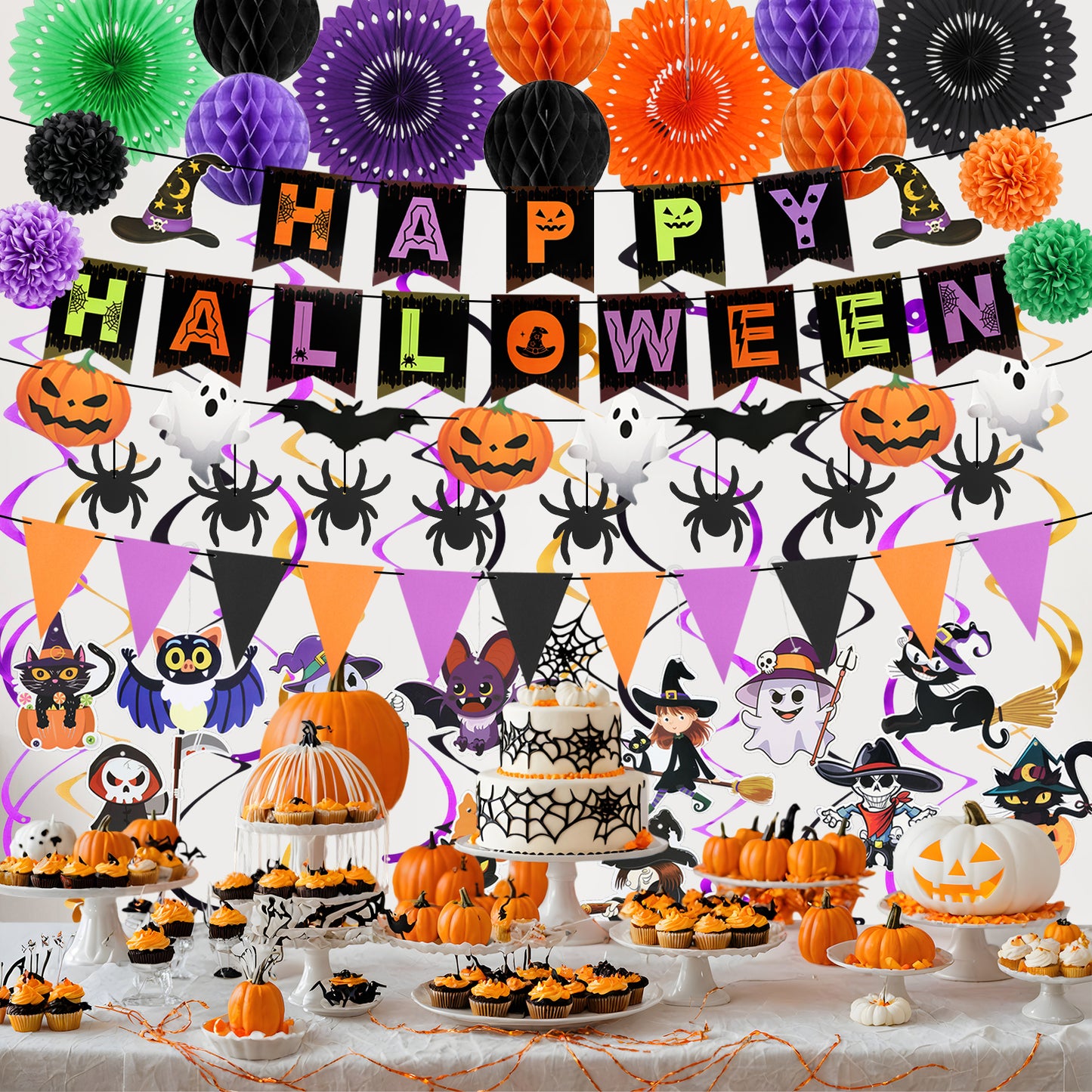KORALAKIRI Halloween Party Decorations Happy Halloween Banner Honeycomb Balls Paper Fans Hanging Swirls Triangle Garland for Indoor Home Office Class School Party Supplies