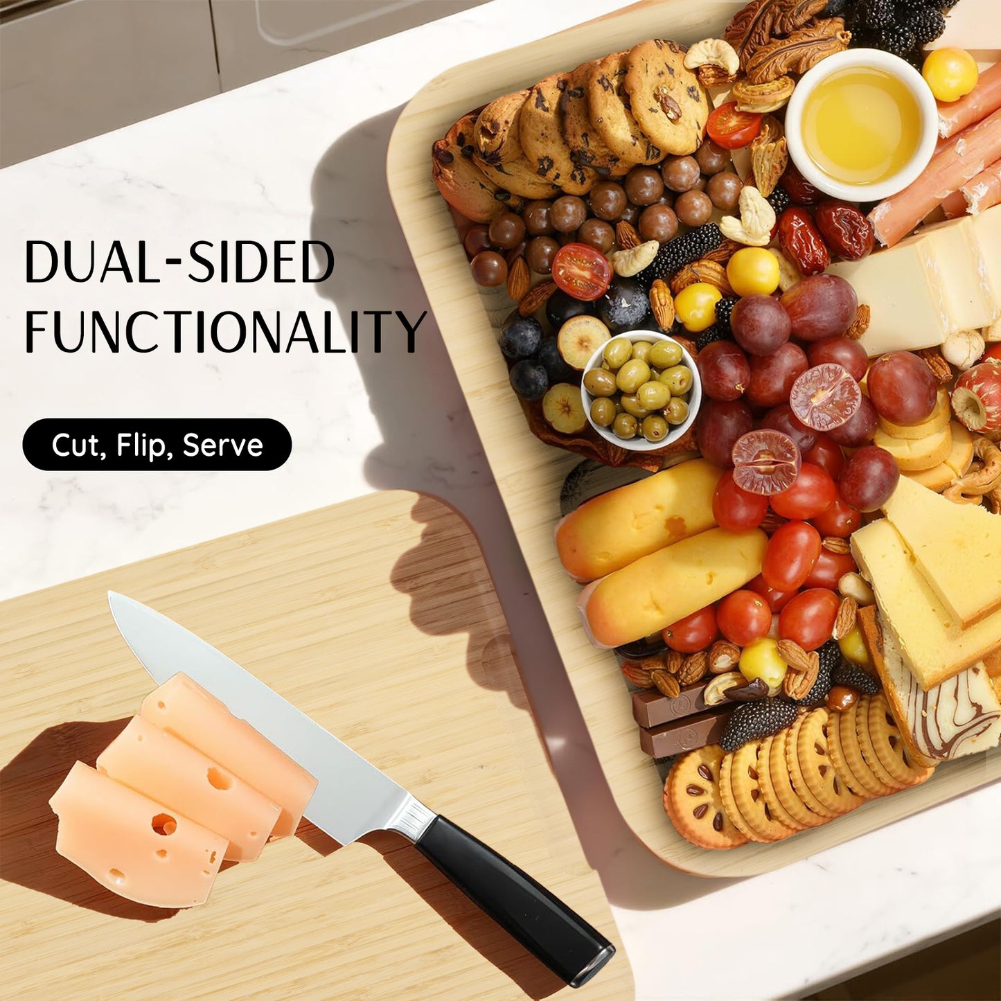 KORALAKIRI Charcuterie Board with Lid,11x14 Inch Large Bamboo Cheese Board Set with Handles,Reversible Serving Board for Cheese, Meats, Snacks and More