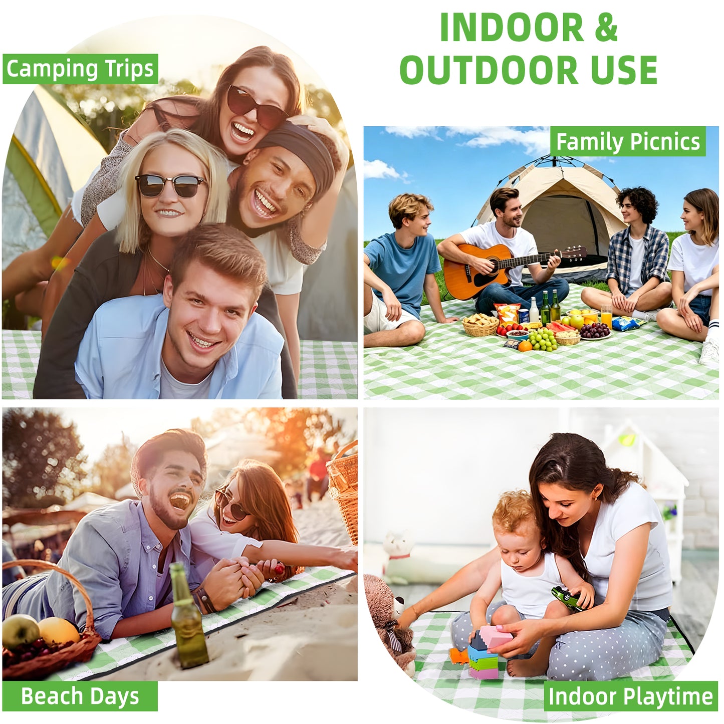 Large Picnic Blanket,80''x80'' Waterproof Foldable Blankets Picnic Mat for Outdoor Camping Grass Lawn Park Accessories Cute Couple Gifts Ideas Wedding Registry(Green White)