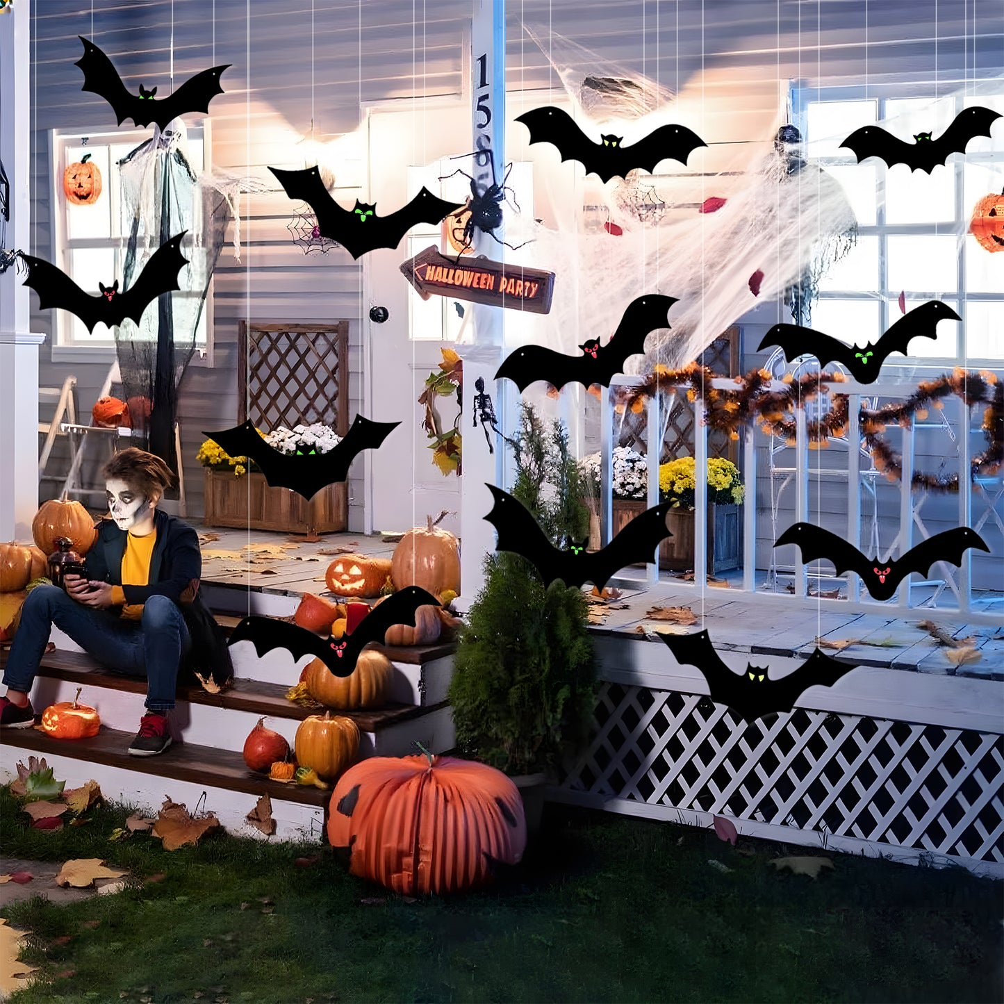 KORALAKIRI 16 Pcs Halloween Hanging Bats Decorations Outdoor, Waterproof Black Bat with Glowing Eyes for Front Door Yard Tree Halloween Hanging Decorations Outside