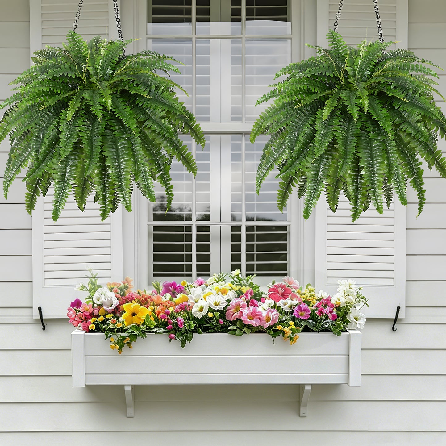 Artificial Boston Fern Bush- Set of 2 Large Artificial Ferns for Outdoors, 45Inch Large Faux Ferns, Suitable for Office & Living Room Decor, 60Branches for Each Bouquet