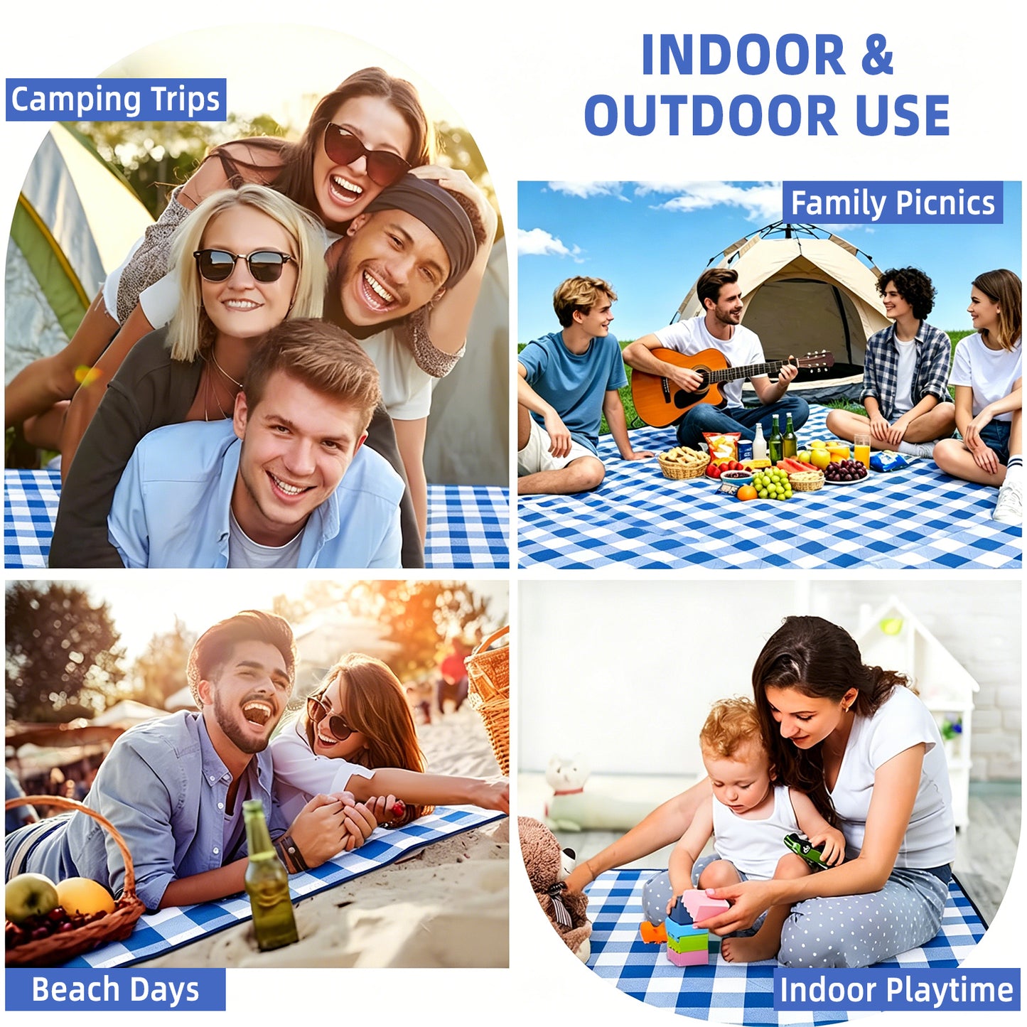 Large Picnic Blanket,80''x80'' Waterproof Foldable Blankets Picnic Mat for Outdoor Camping Grass Lawn Park Accessories Cute Couple Gifts Ideas Wedding Registry(Blue White)