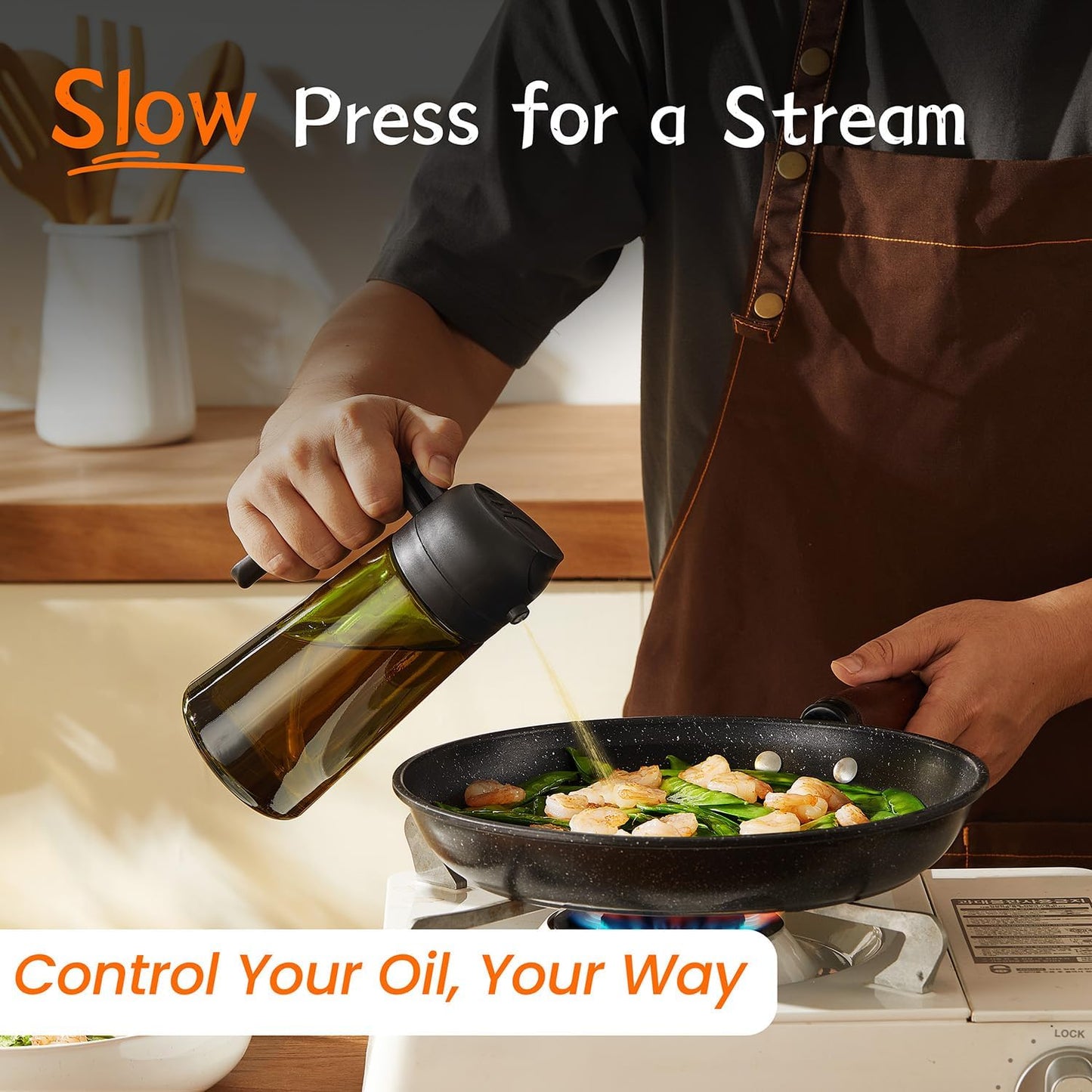 KORALAKIRI 2 in 1 Oil Sprayer for Cooking, 16oz/470ml Glass Food-grade Olive Oil Spray Bottle Dispenser Mister Spritzer with Pourer for Kitchen, Salad, Frying, BBQ (Black & Orange)